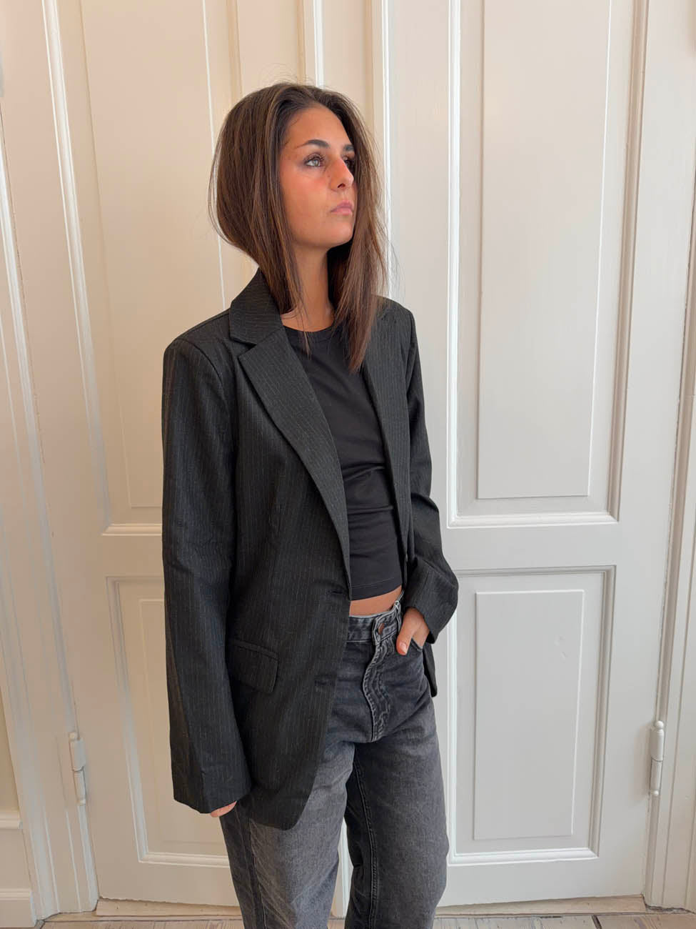 Anine Siyah Çizgili Blazer Ceket