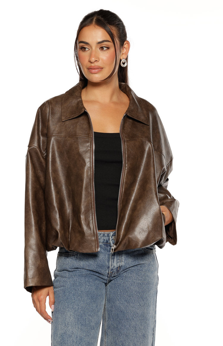 Nehir Vintage Kahverengi PU Kabarcık Kenar Bomber Ceket