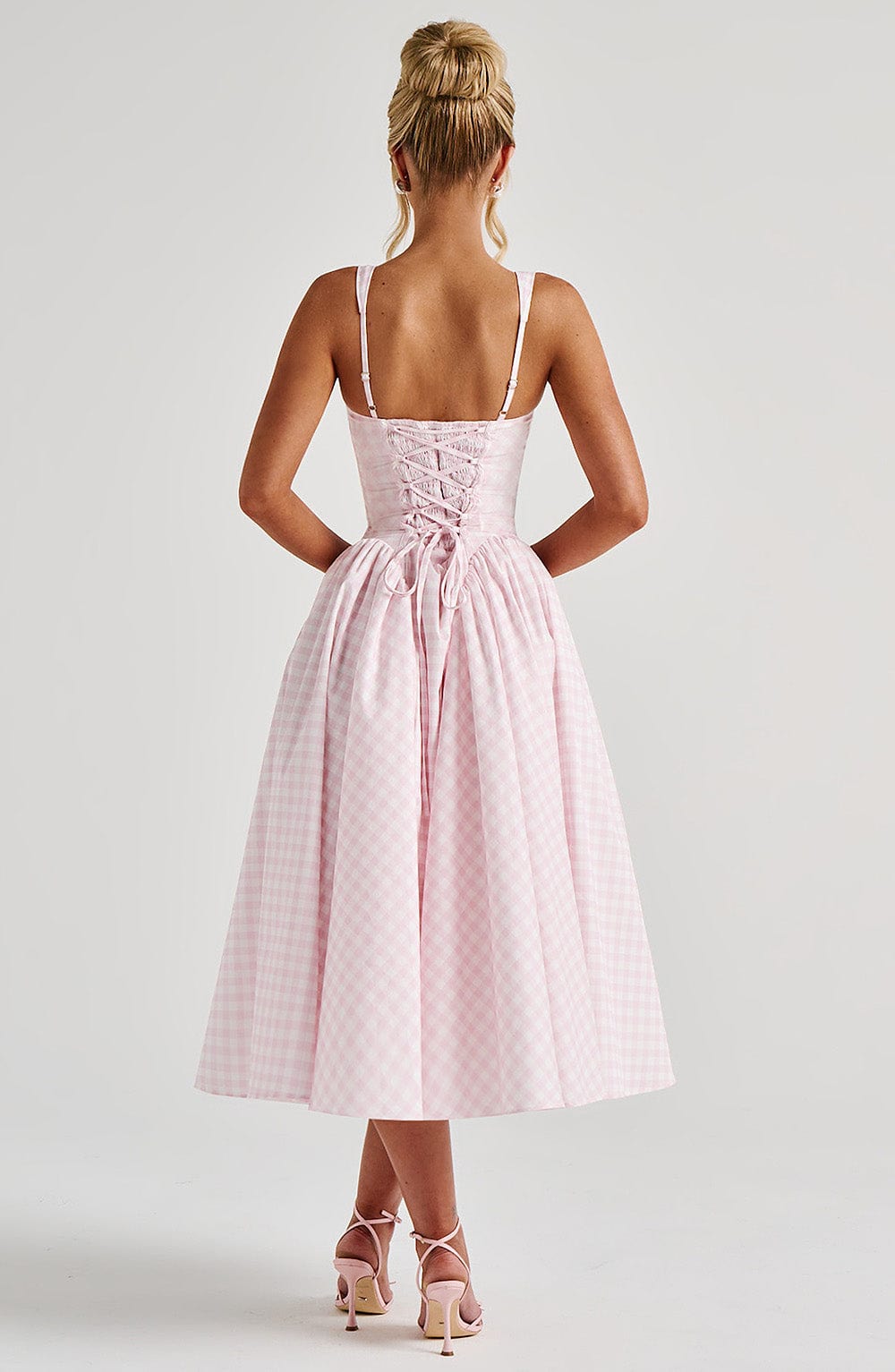 Pembe Gingham Sherrie Midi Elbise