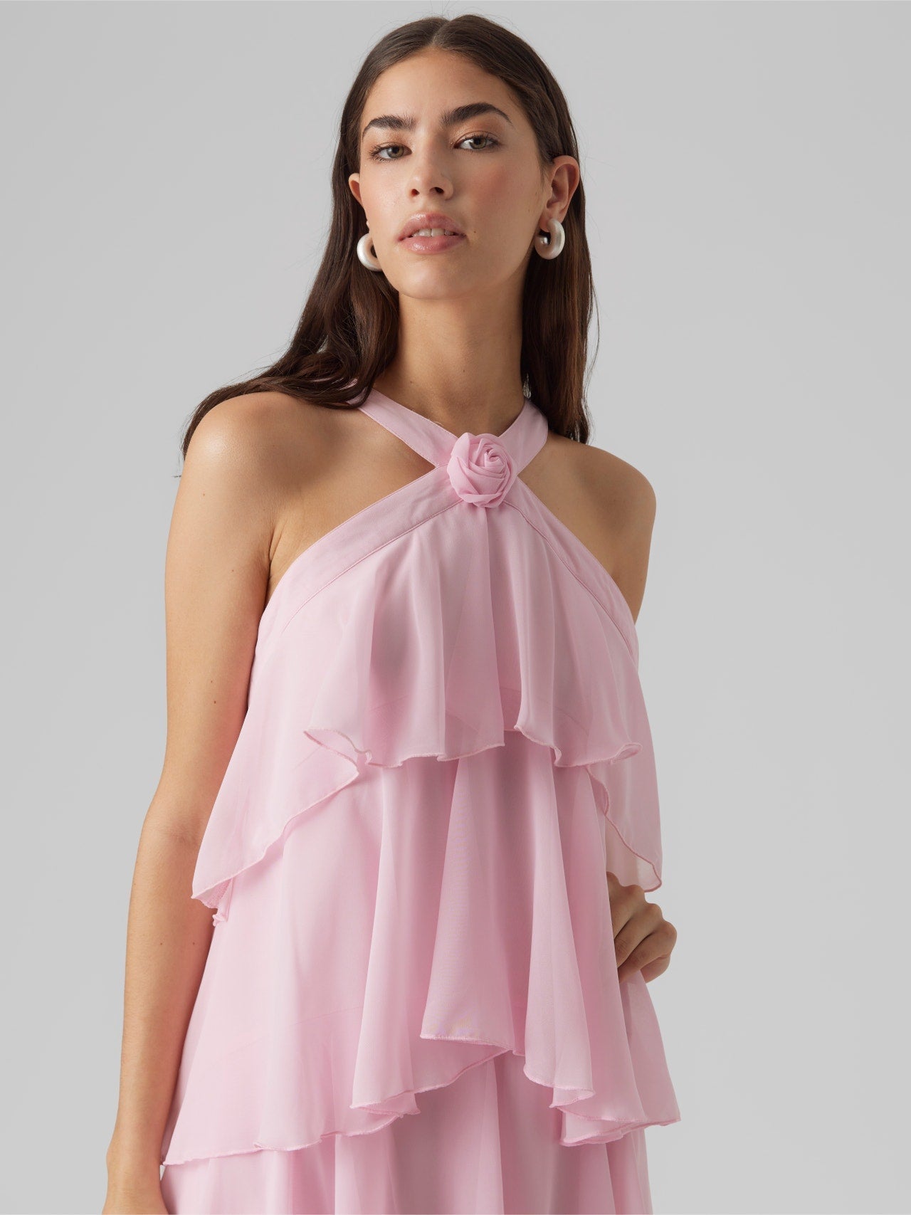 Pembe Fırfırlı Maxi Elbise