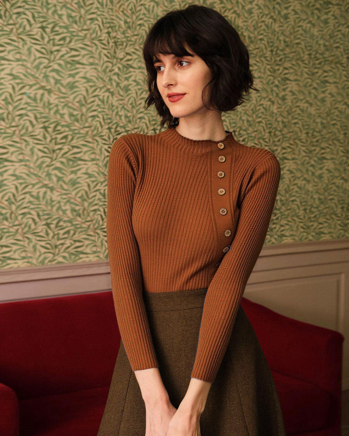 Karamel Mock Neck Ribana Triko Tişört