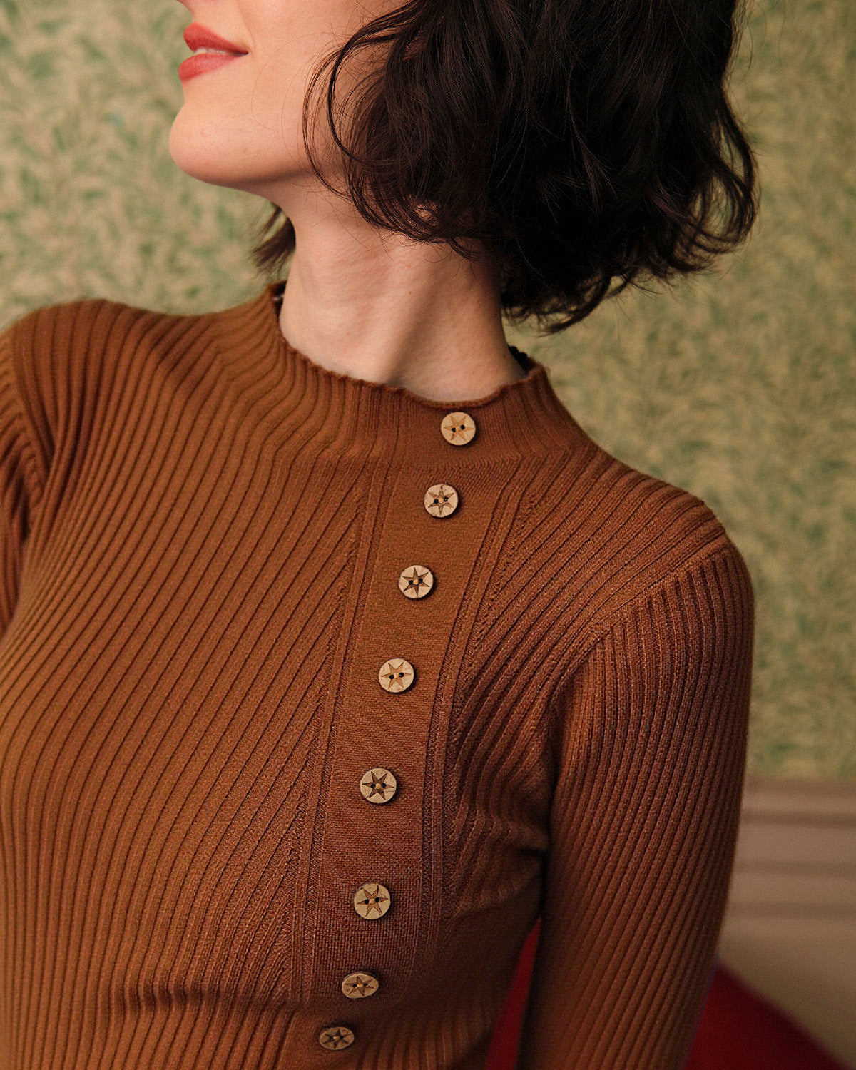 Karamel Mock Neck Ribana Triko Tişört