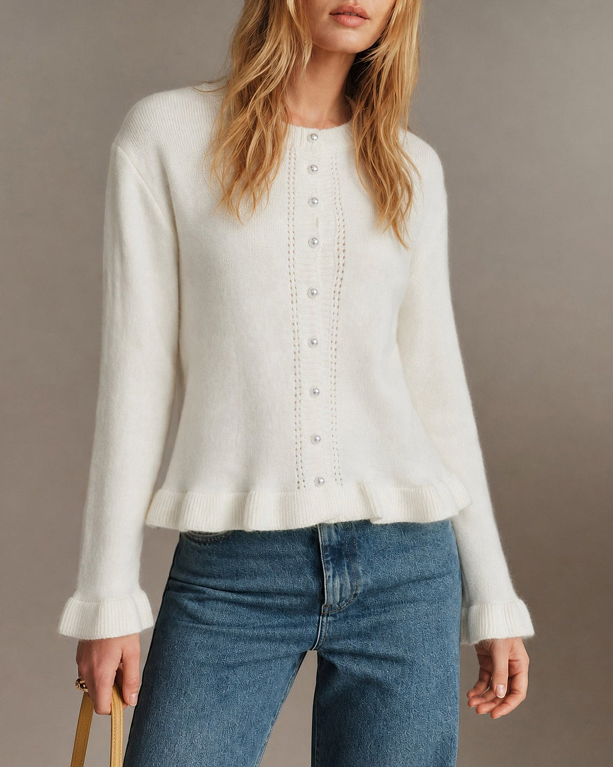 Off White Tek Düğmeli Triko Hırka