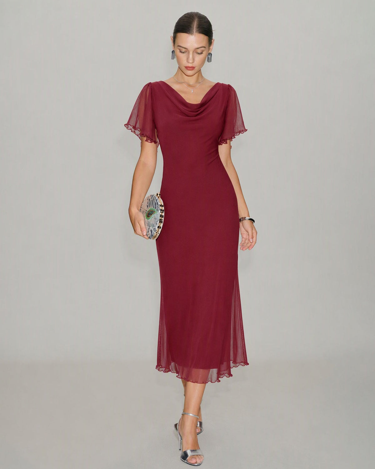 Kırmızı Cowl Yaka A-Line File Midi Elbise