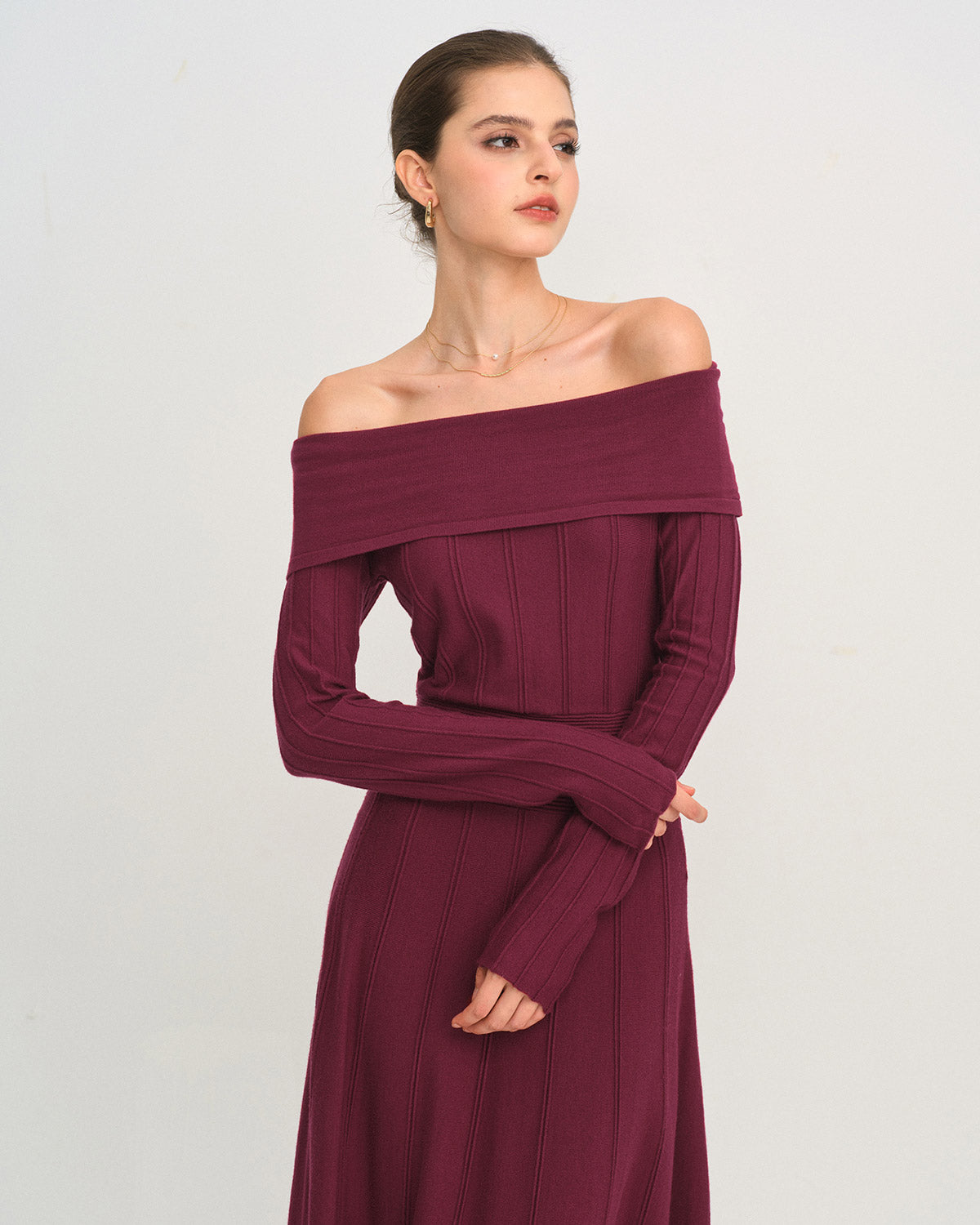 Şarap Kırmızısı Off The Shoulder Kazak Elbise