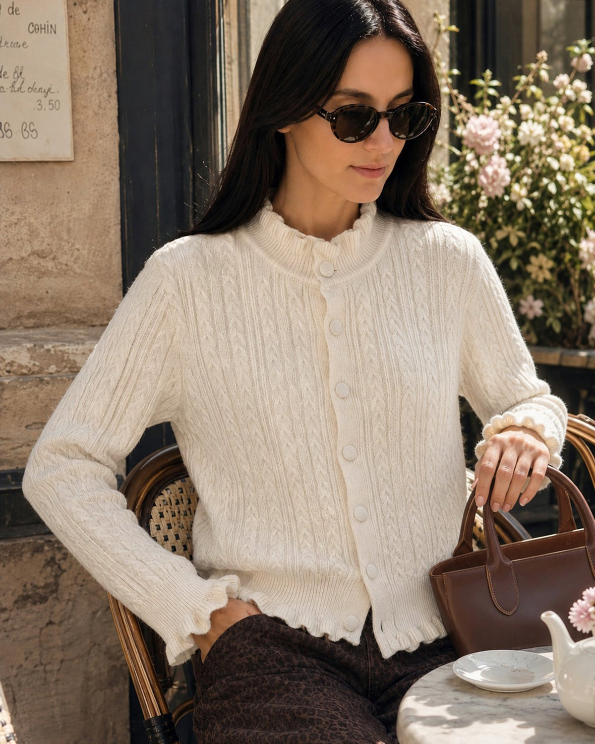Kayısı Ruffled Tek Düğmeli Örgü Hırka