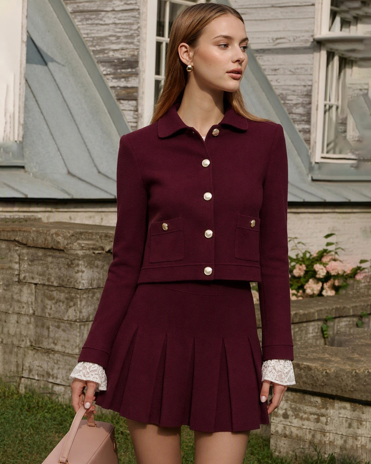 Şarap Kırmızı Cepli Düğmeli Triko Hırka