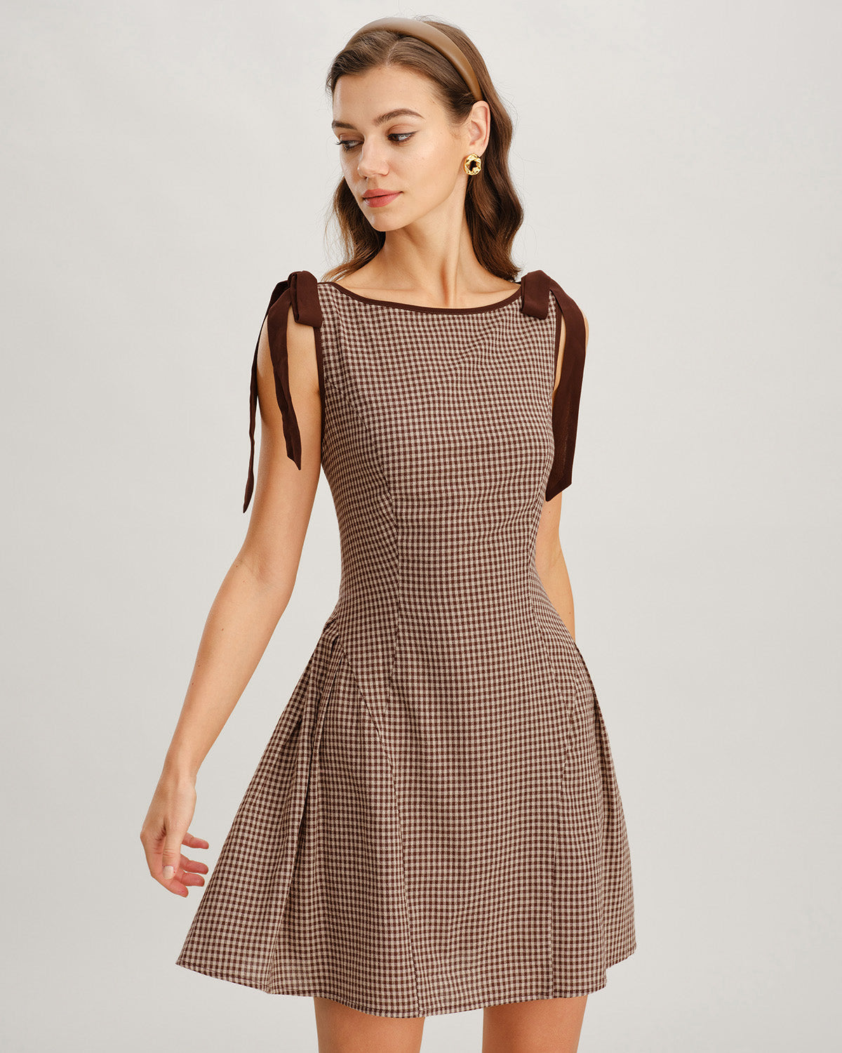 Kahverengi Gingham Askılı Mini Elbise