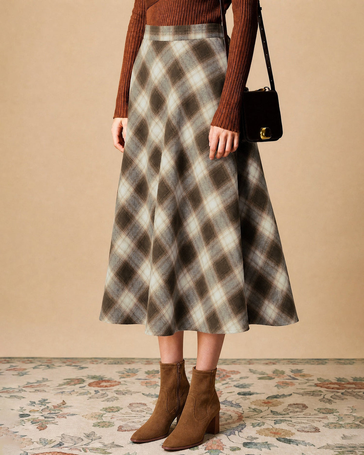Kahverengi Lastikli Bel Plaid Midi Etek