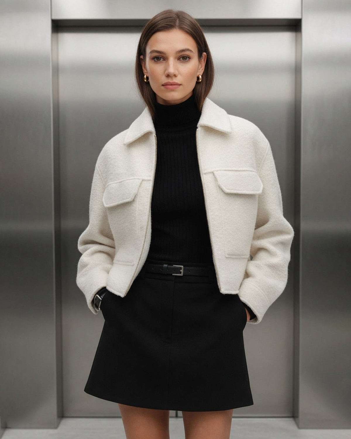 Off White Düz Fermuarlı Cepli Ceket