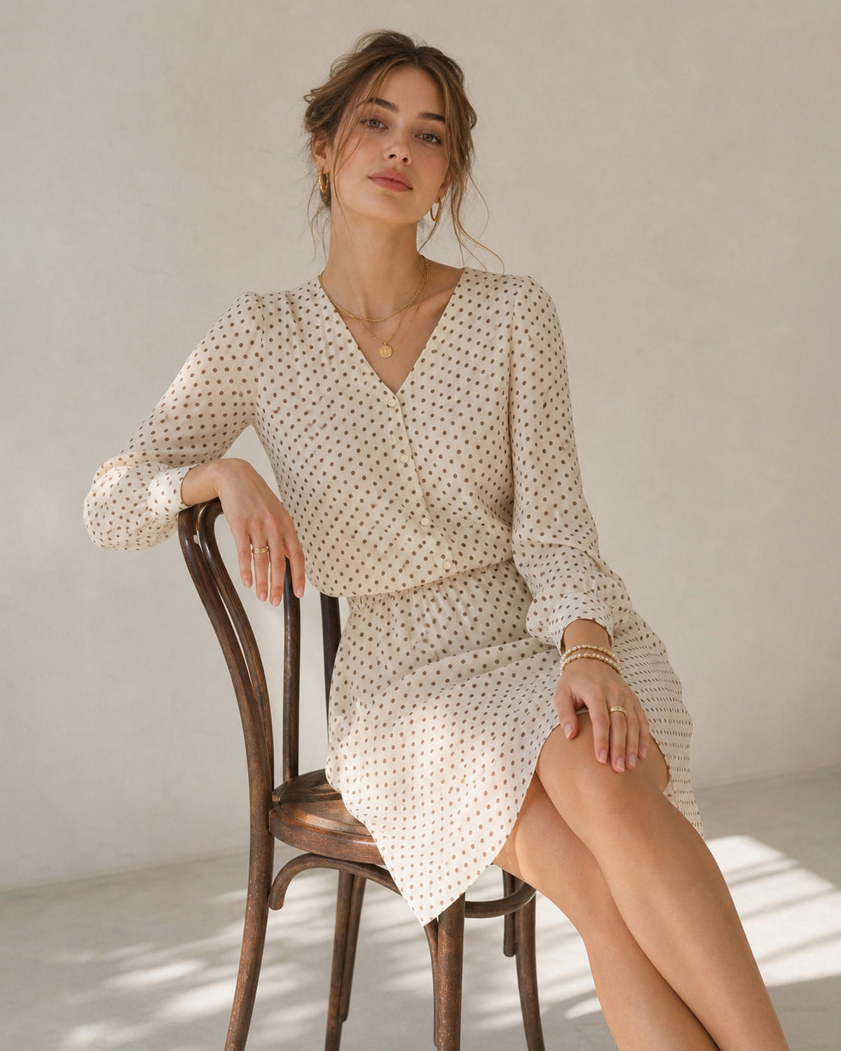 Kayısı V Yaka Puantiye Chiffon Mini Elbise