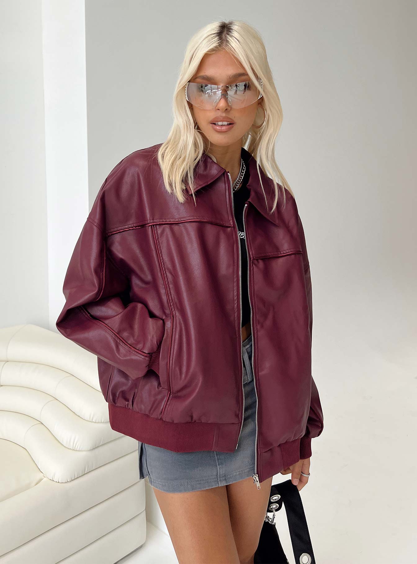 Bordo Altıncı Faux Deri Bomber Ceket