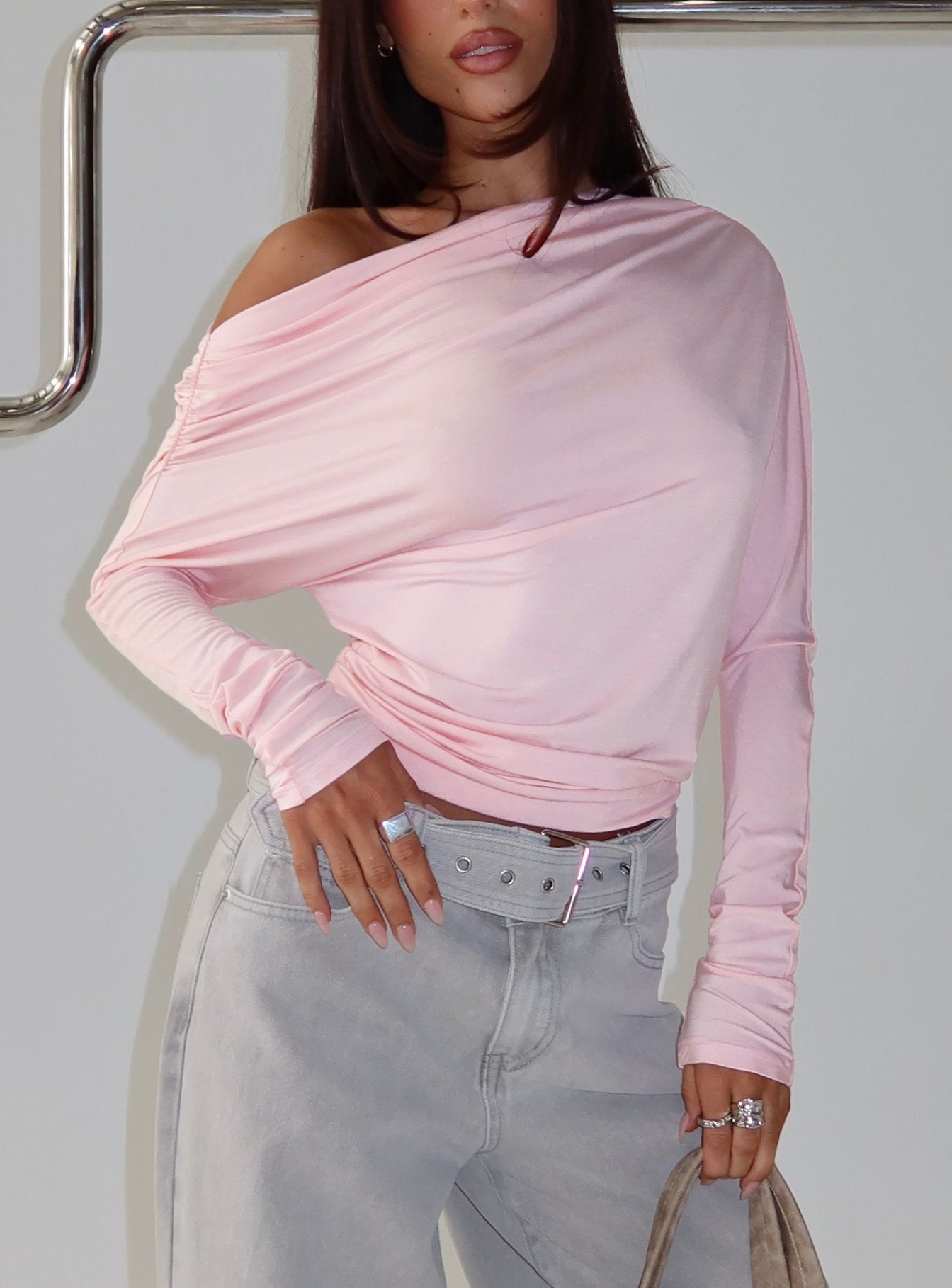 Off Shoulder Pembe Parti Bluzu
