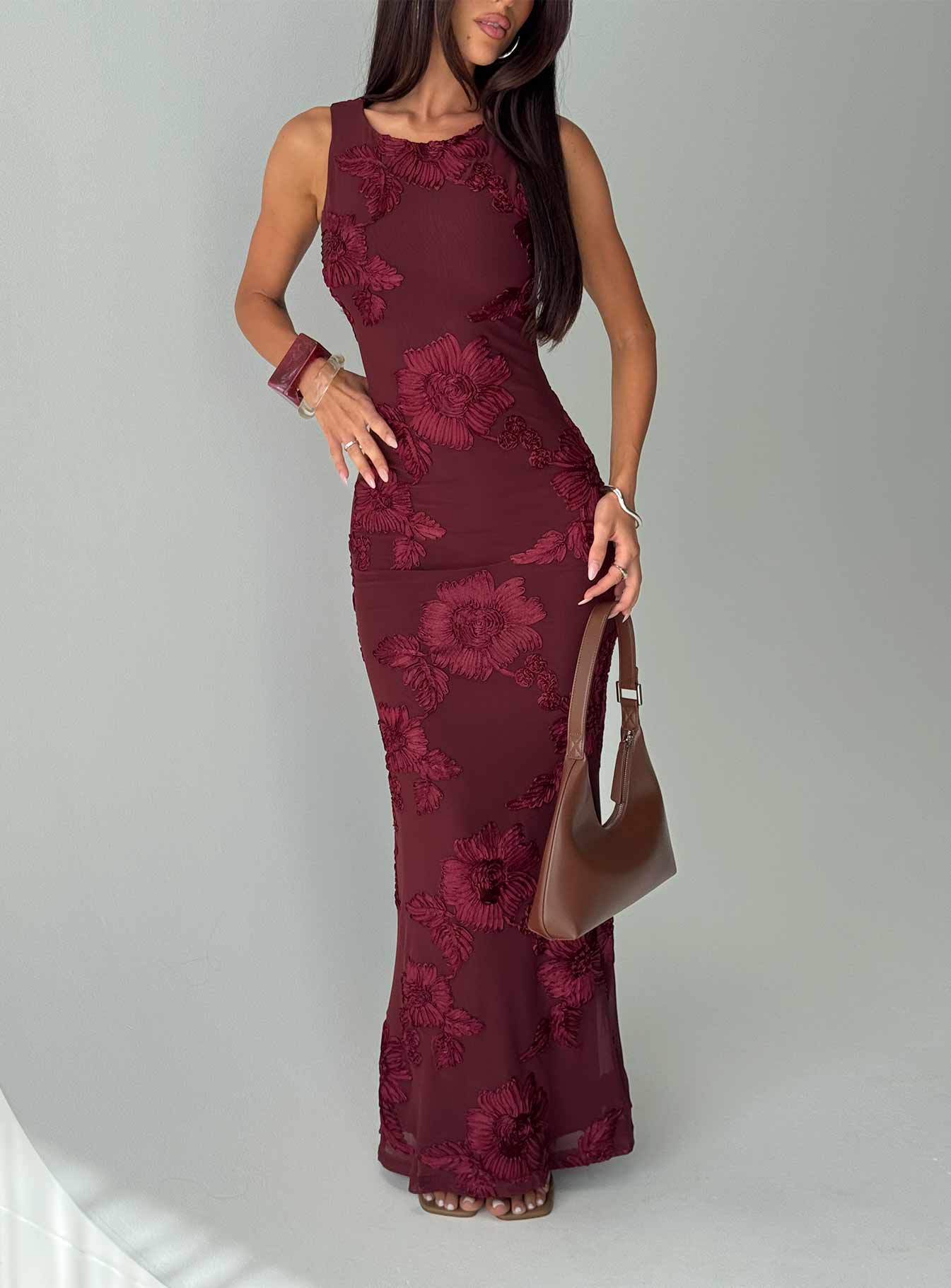 Bordo Fionna Çiçekli Maxi Elbise