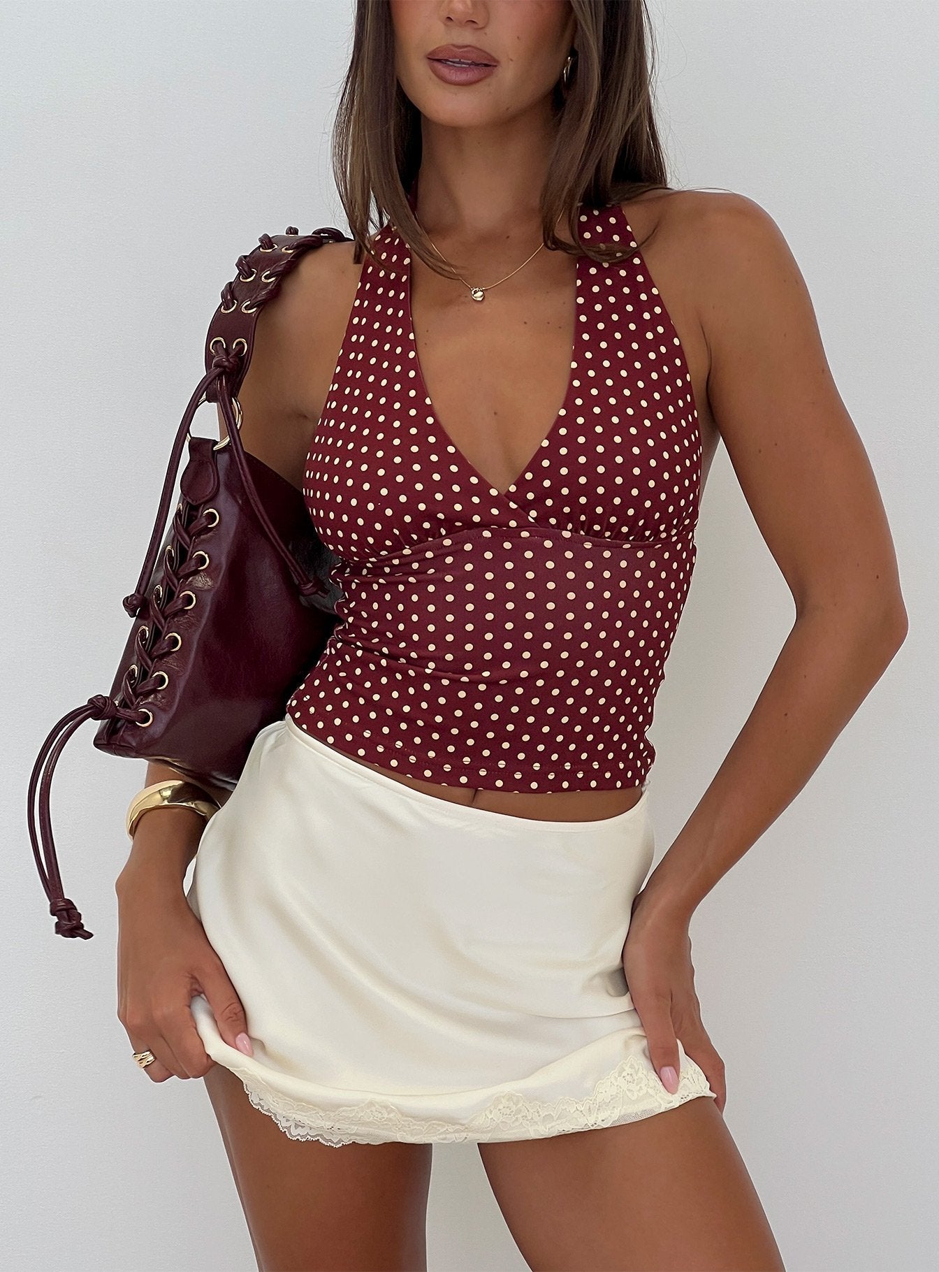 Whimsy Bordo/Limon Sarısı Puantiyeli Triko Halter Top