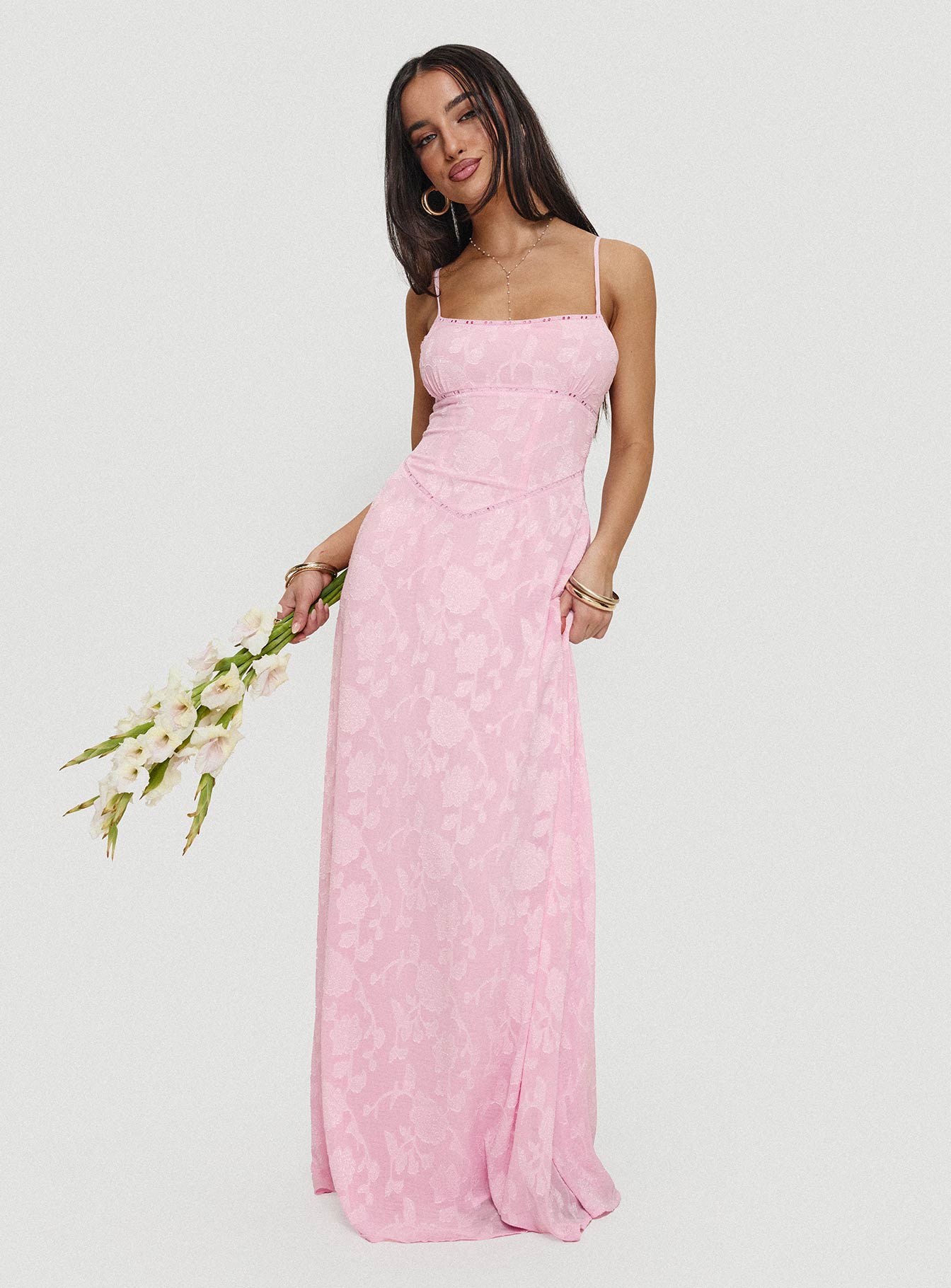 Pembe Çiçekli Dantel Maxi Elbise