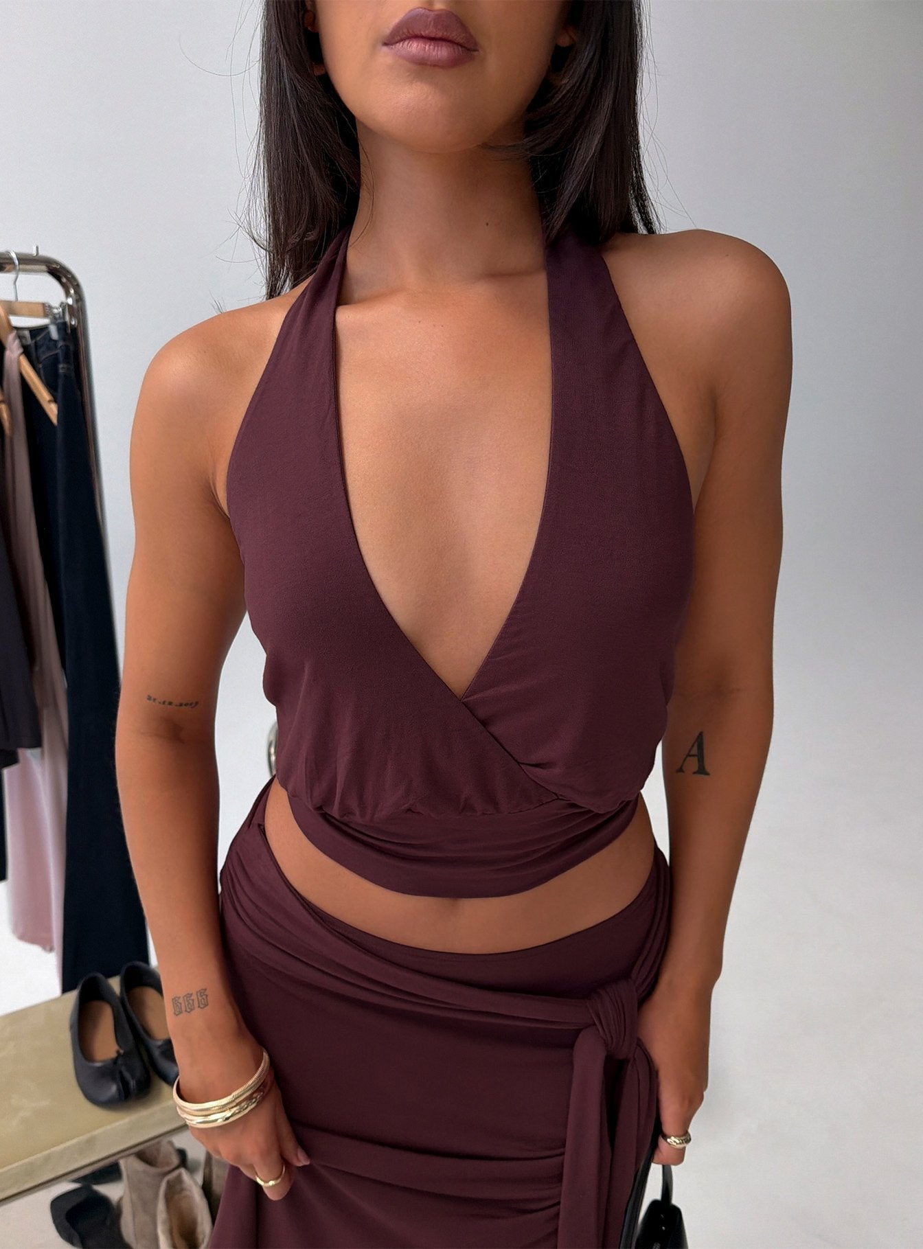 Arabele Koyu Mürdüm Anvelop Halter Crop Top