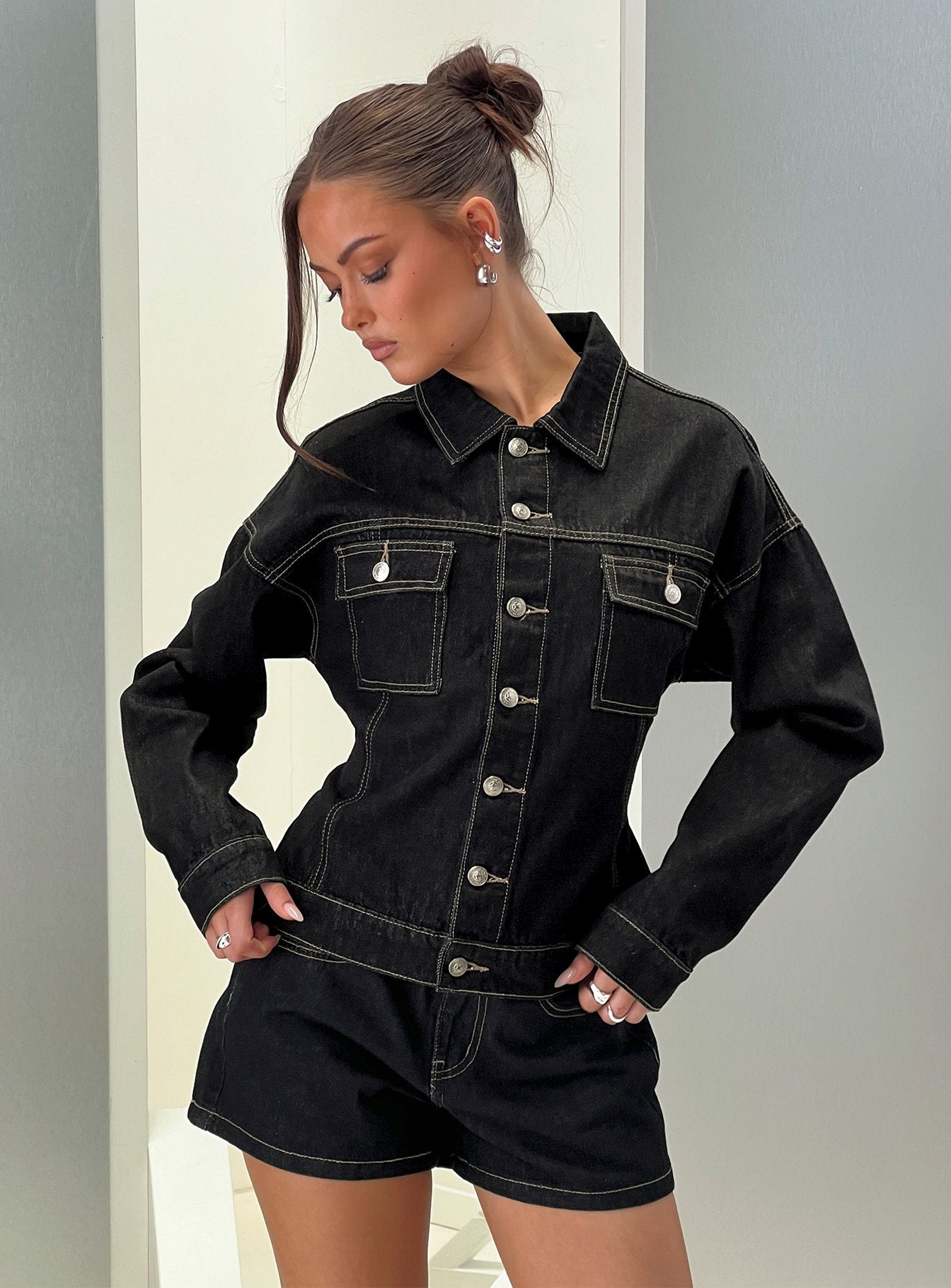 Caresse Ham Denim Bel Bağlamalı Kot Ceket