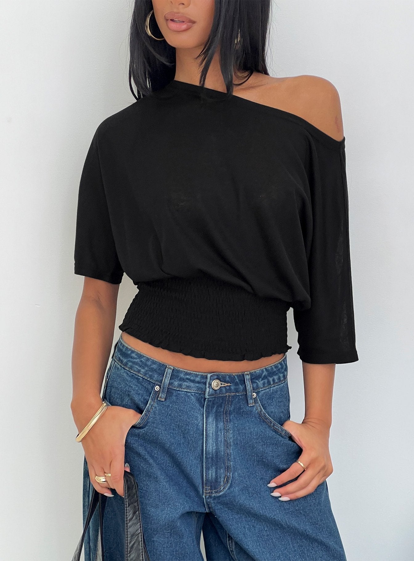 Dayten Şeffaf Siyah Off Shoulder Bluz