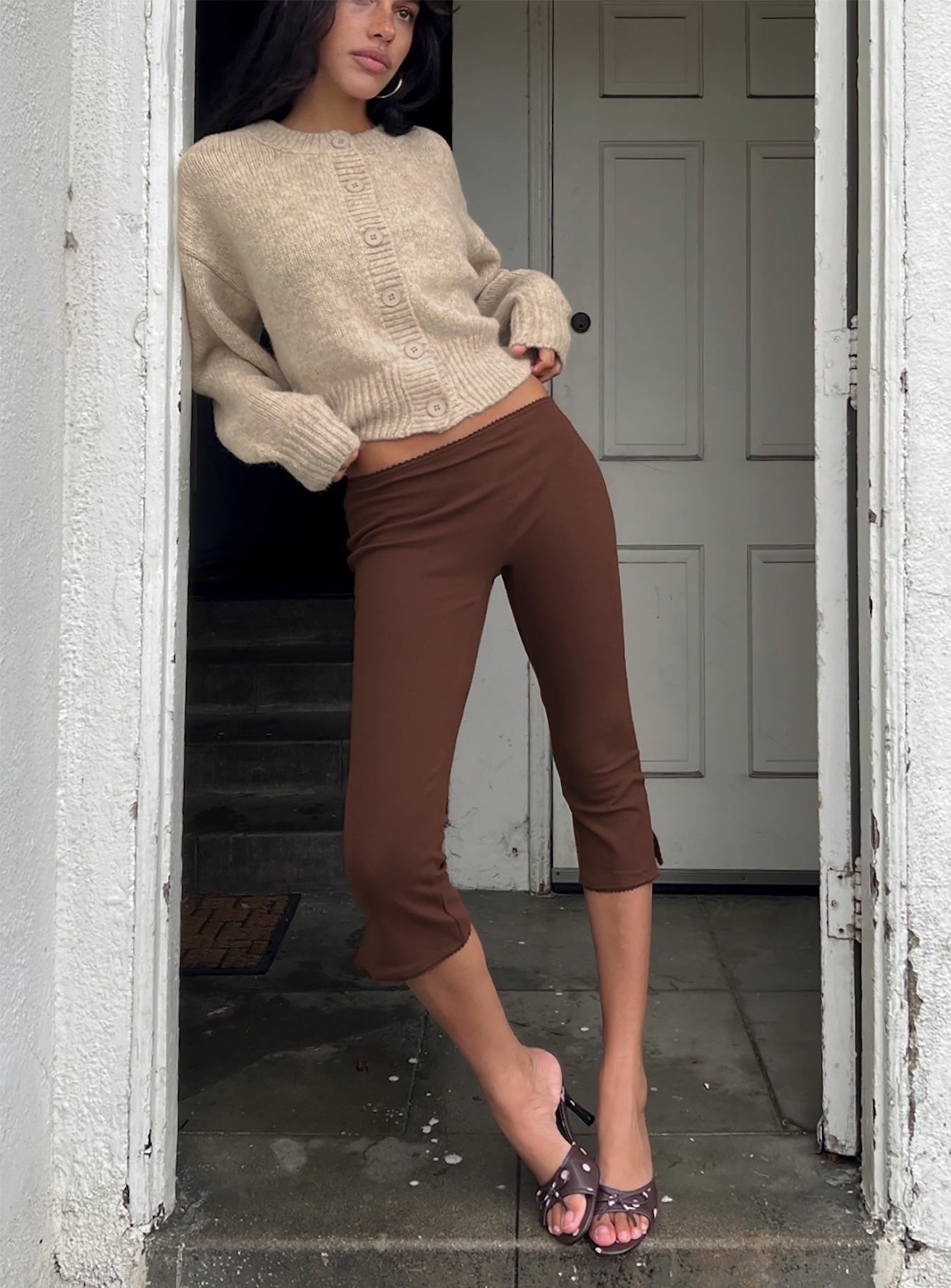 Temel Rib Capri Pantolon - Çikolata Rengi