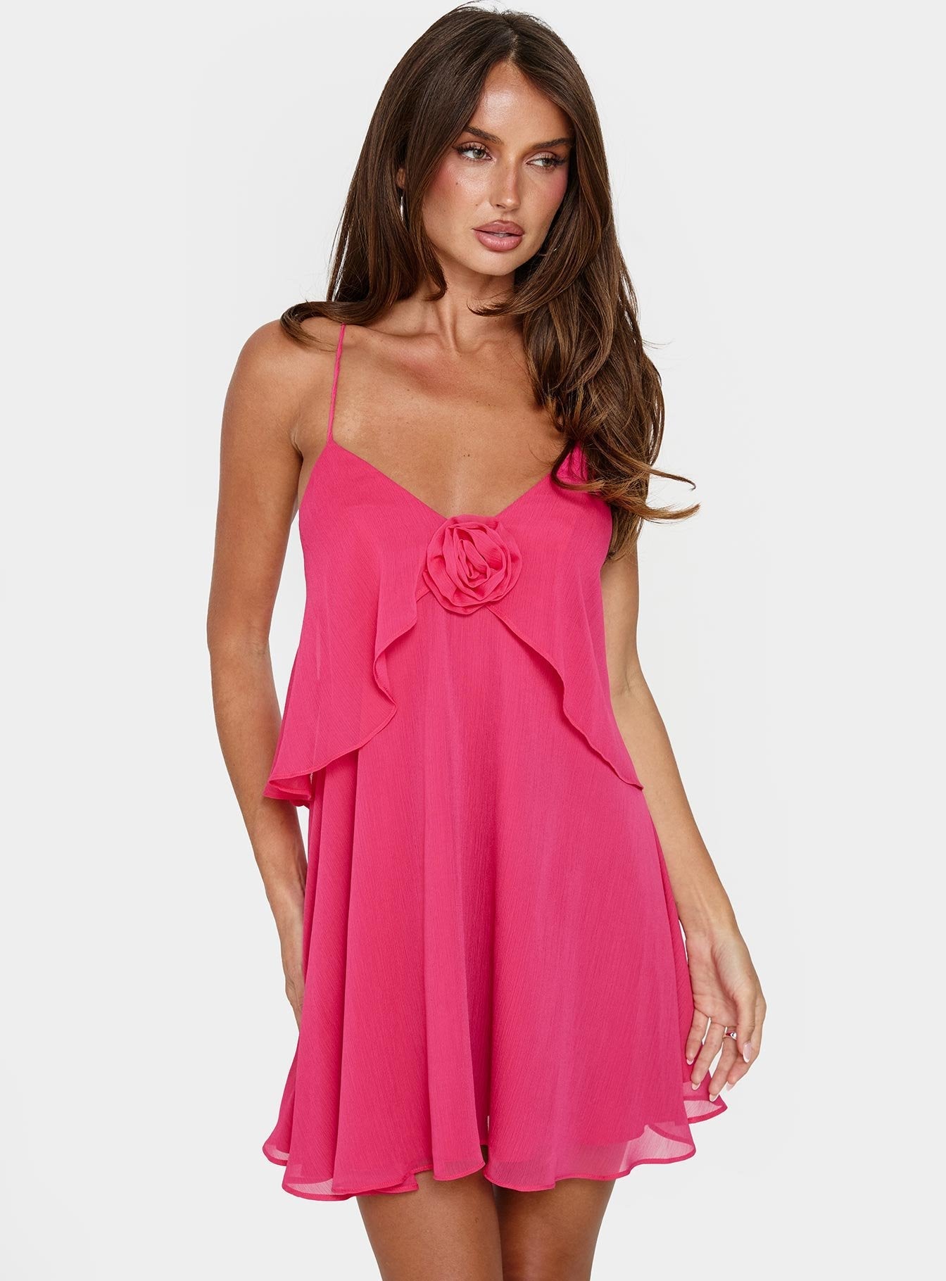 Fuşya Fırfırlı Şifon Babydoll Mini Elbise