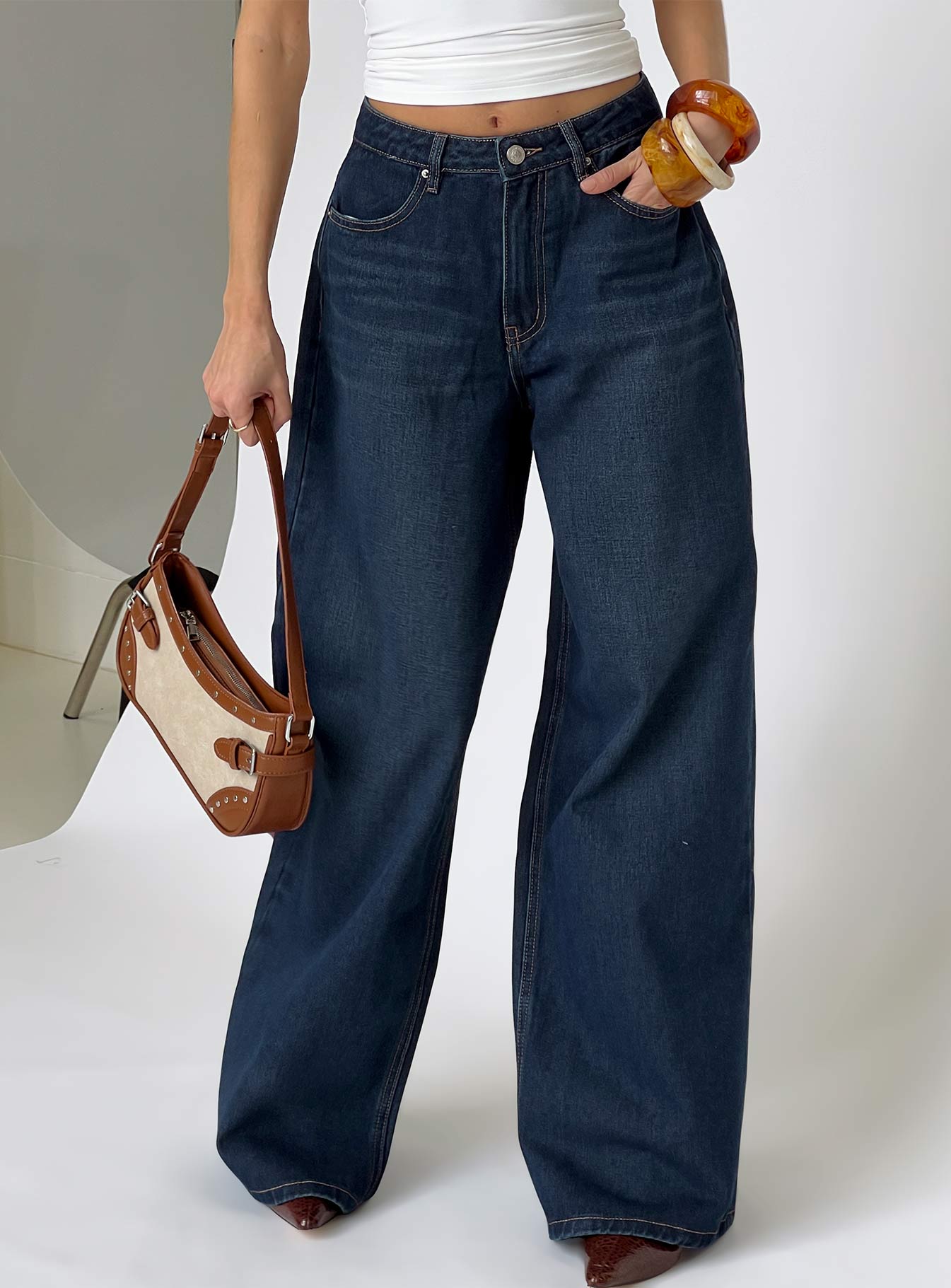 Naylor Orta Bel Geniş Paça Mavi Denim Pantolon