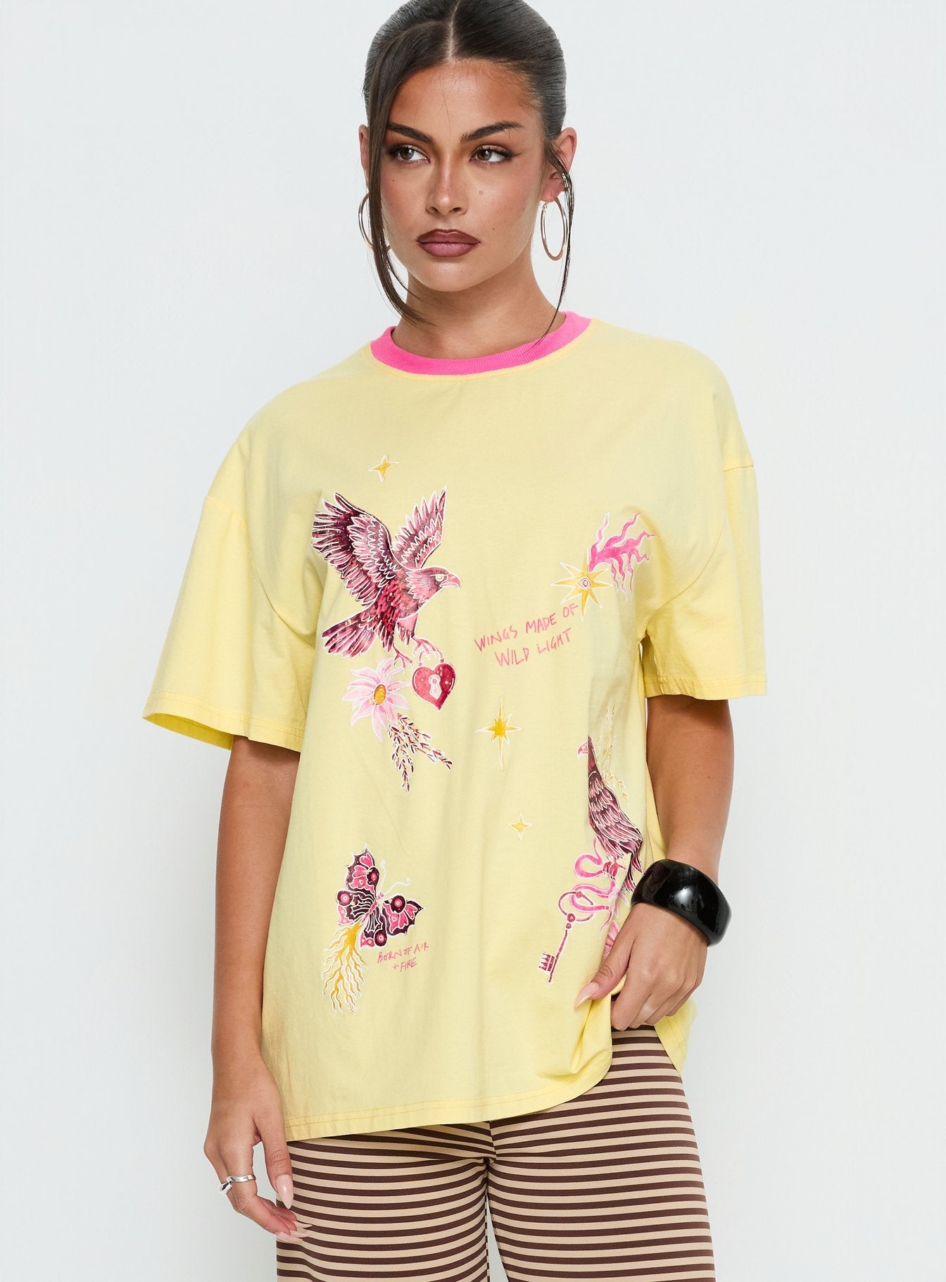Yırtık Işık Oversize Grafik Tişört - Sarı/Pembe