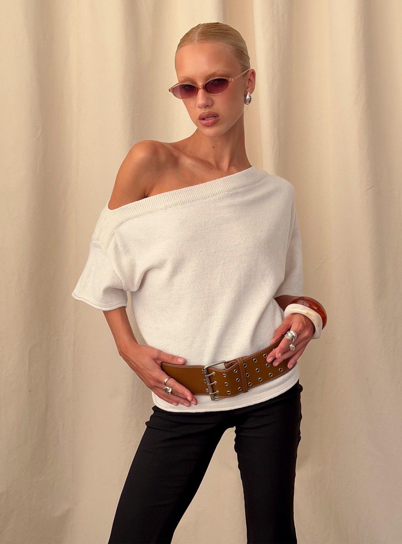Yırtmaçlı Oversize Triko Bluz - Yulaf