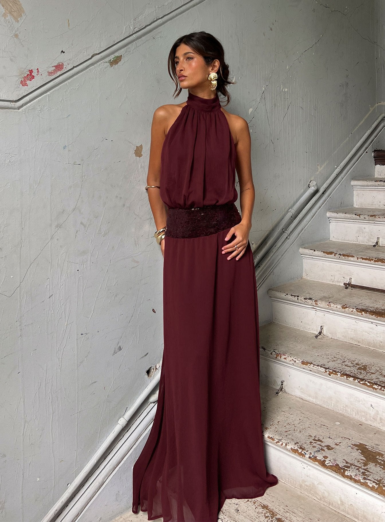 Darwinn Bordo Düşük Bel Payet Maxi Elbise