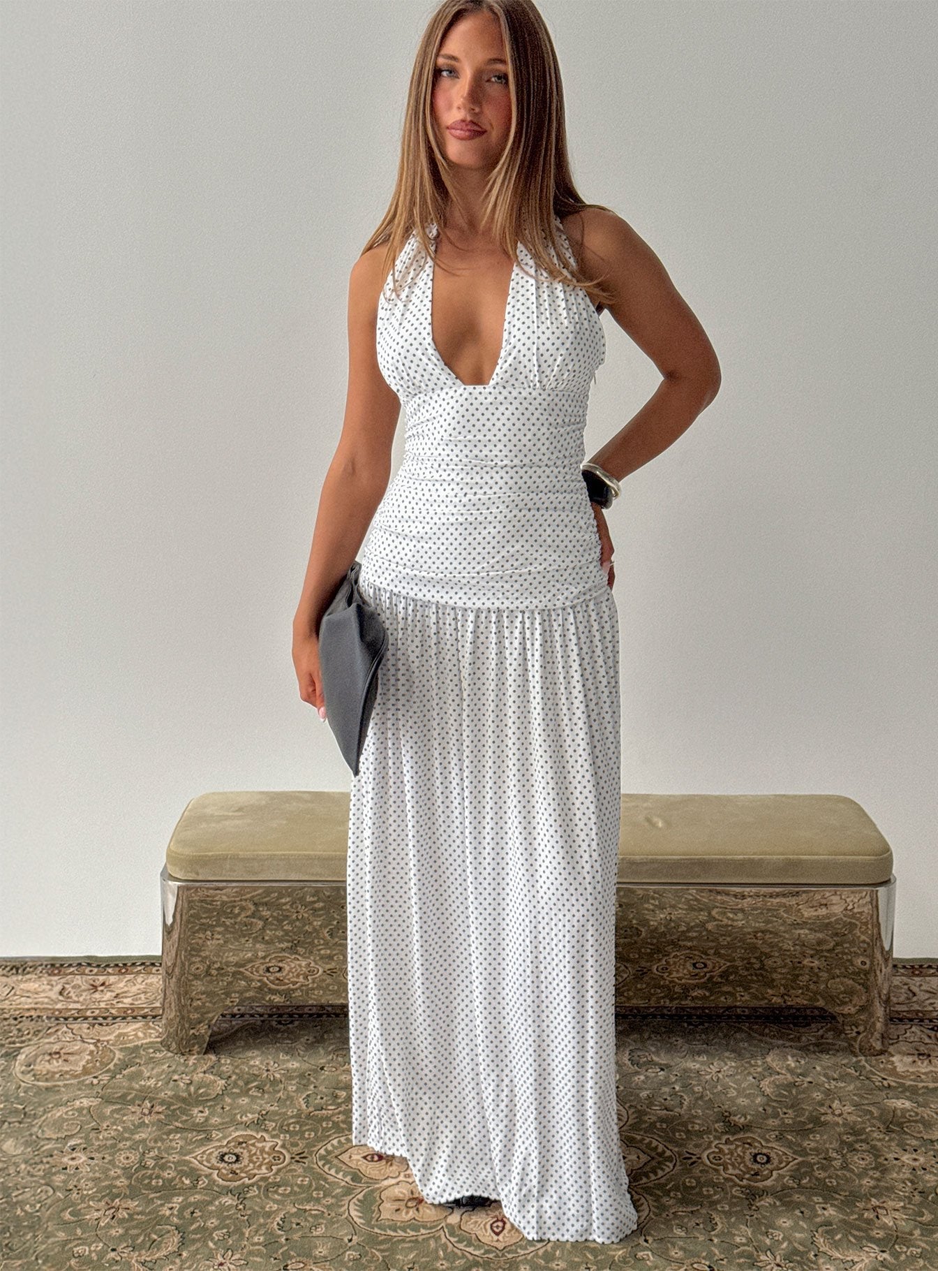 Millen K Kemerli Halter Maxi Elbise Beyaz Puantiye