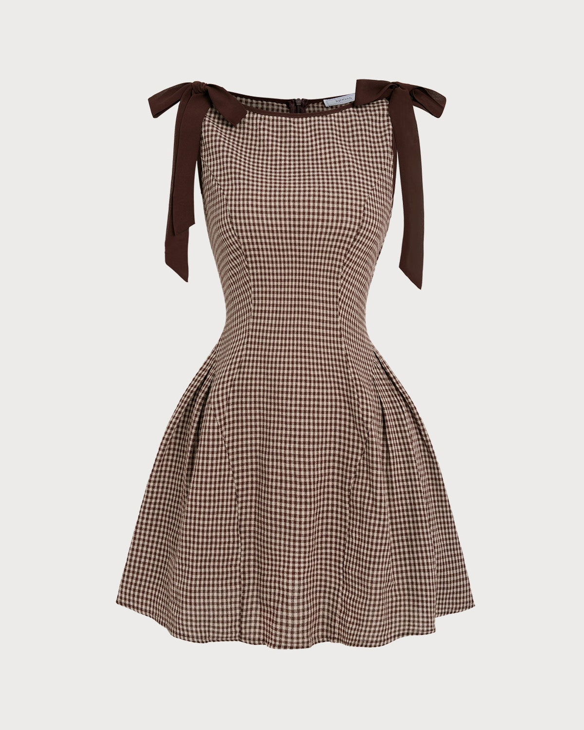 Kahverengi Gingham Askılı Mini Elbise