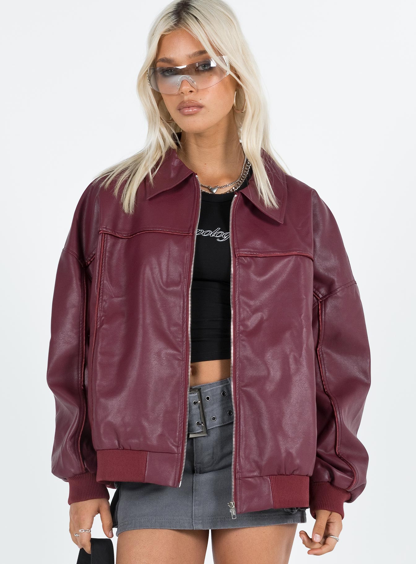 Bordo Altıncı Faux Deri Bomber Ceket