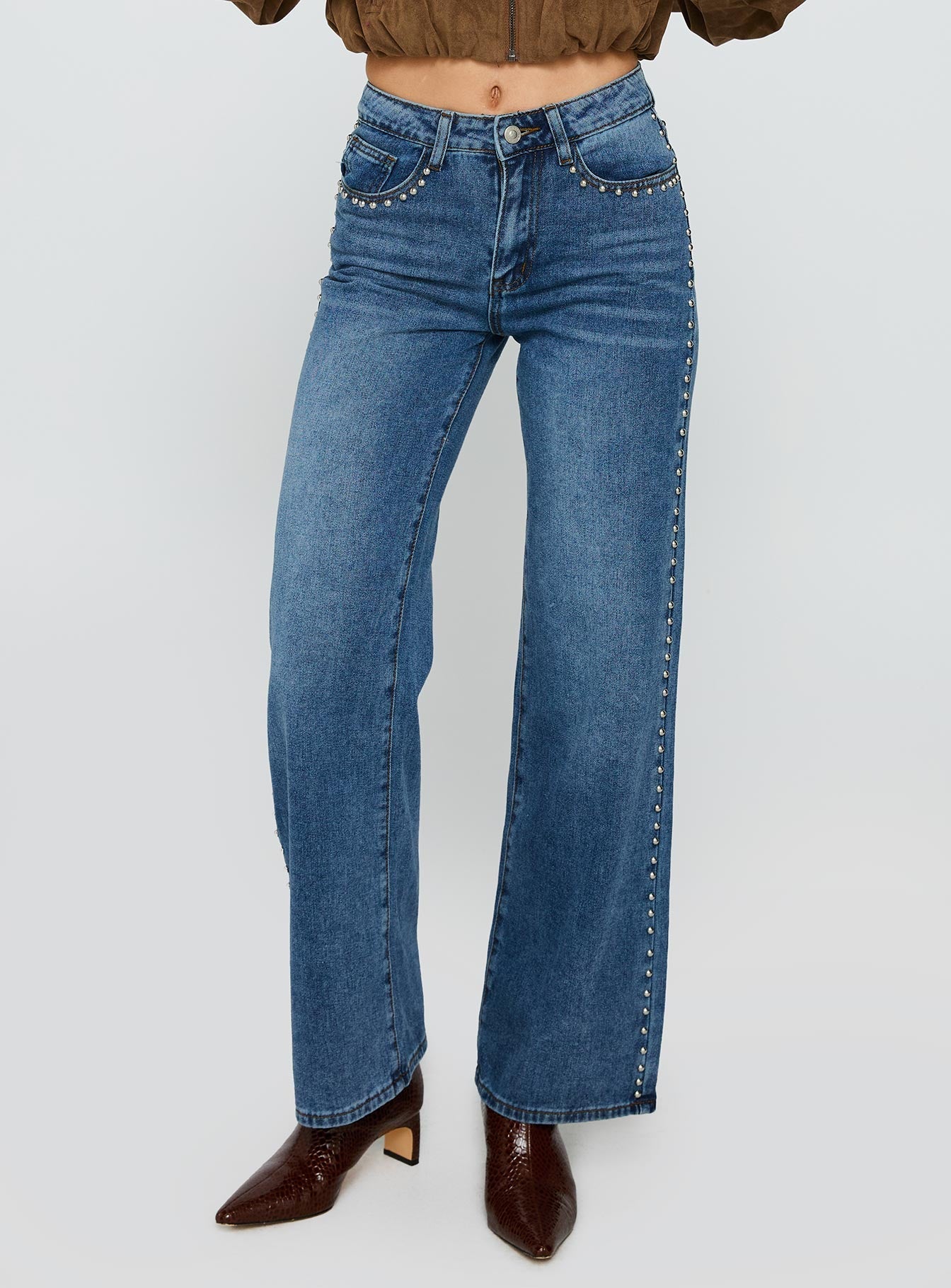 Orta Mavi Yüksek Bel Düz Paça Denim Pantolon