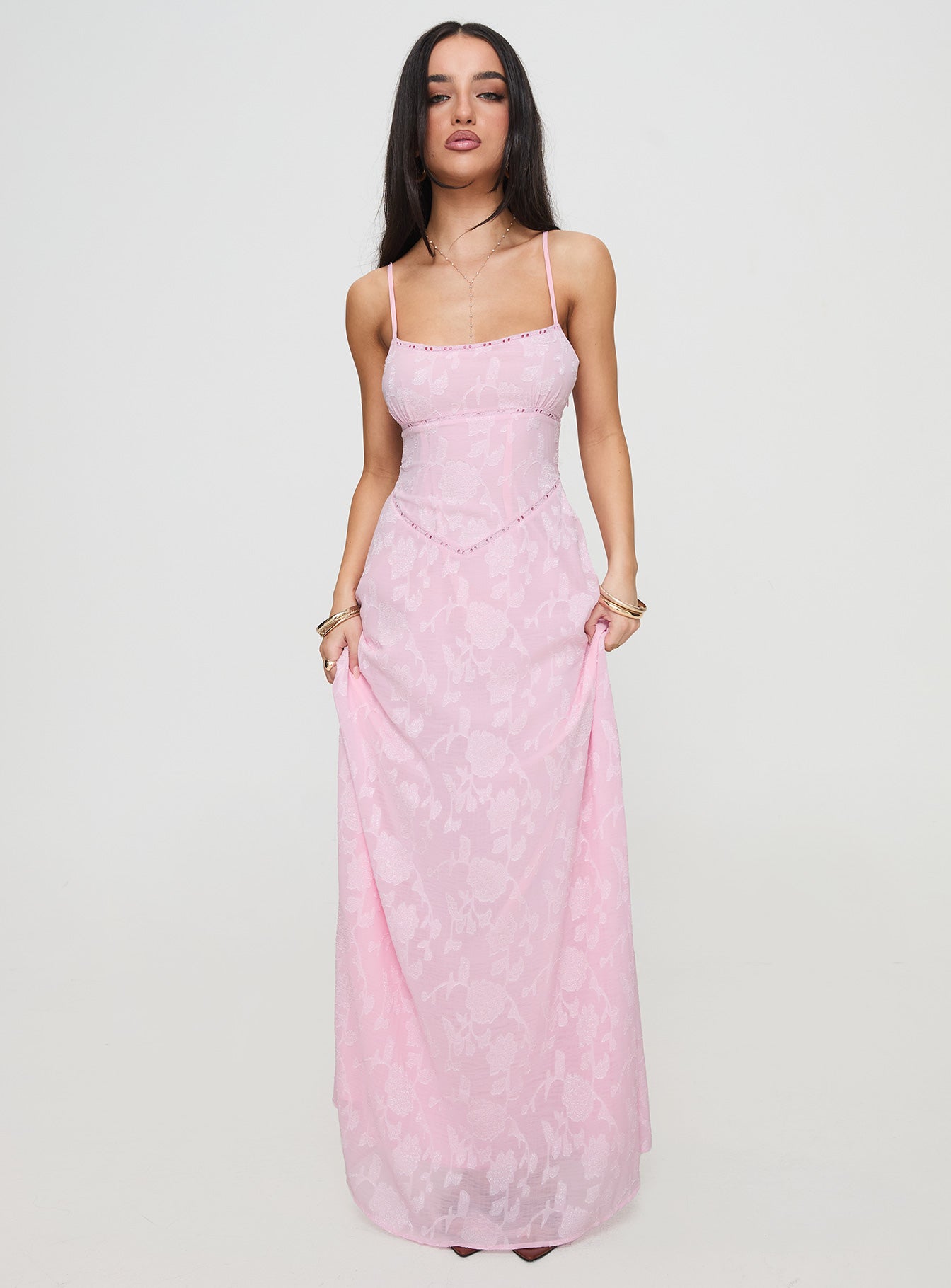 Pembe Çiçekli Dantel Maxi Elbise