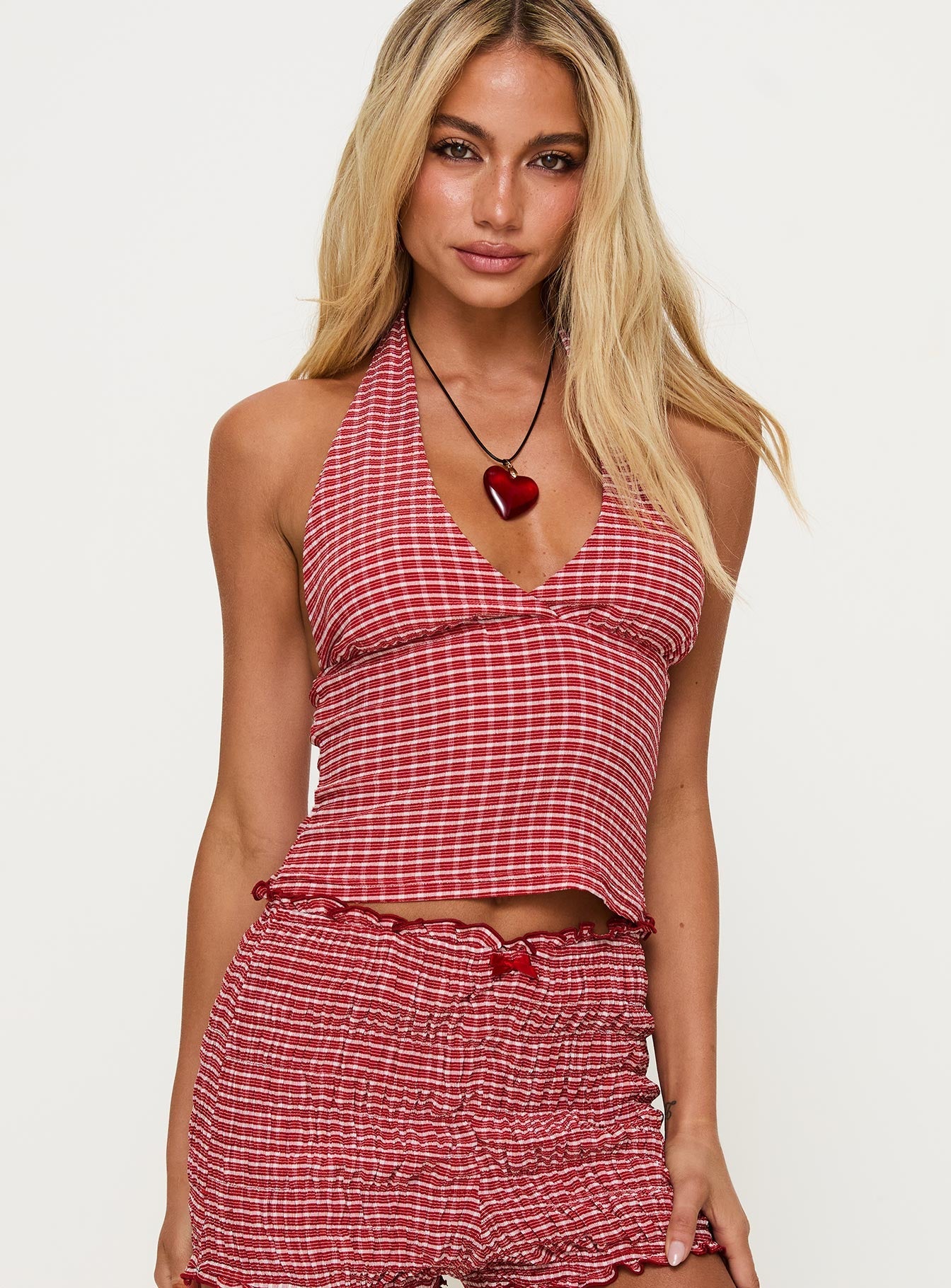 Kırmızı Gingham Halter Üst