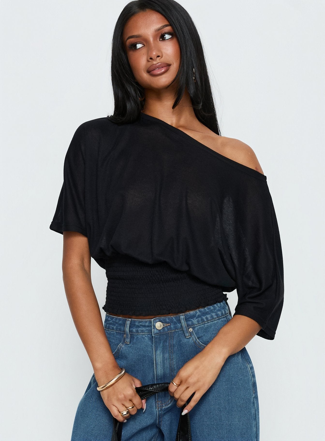 Dayten Şeffaf Siyah Off Shoulder Bluz