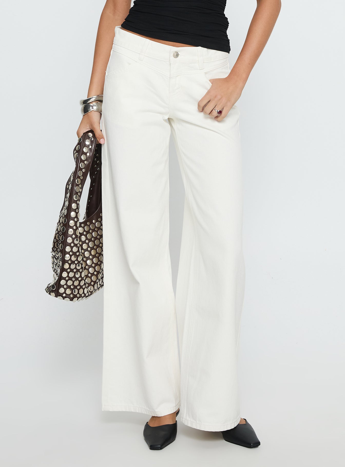 Catiana Beyaz Düşük Bel Geniş Paça Jean Pantolon