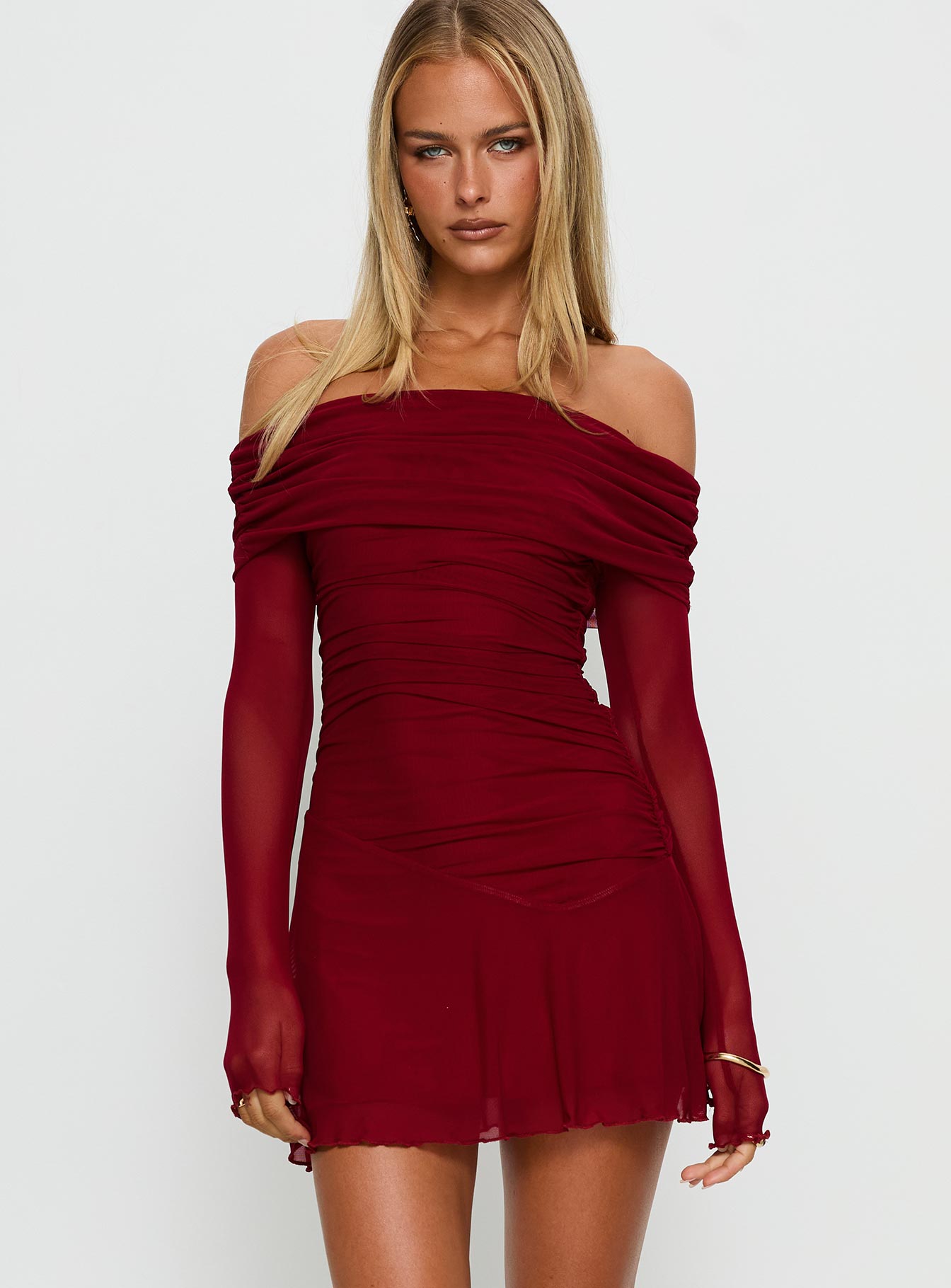 Kırmızı Koki Off-Shoulder Uzun Kollu Mini Elbise
