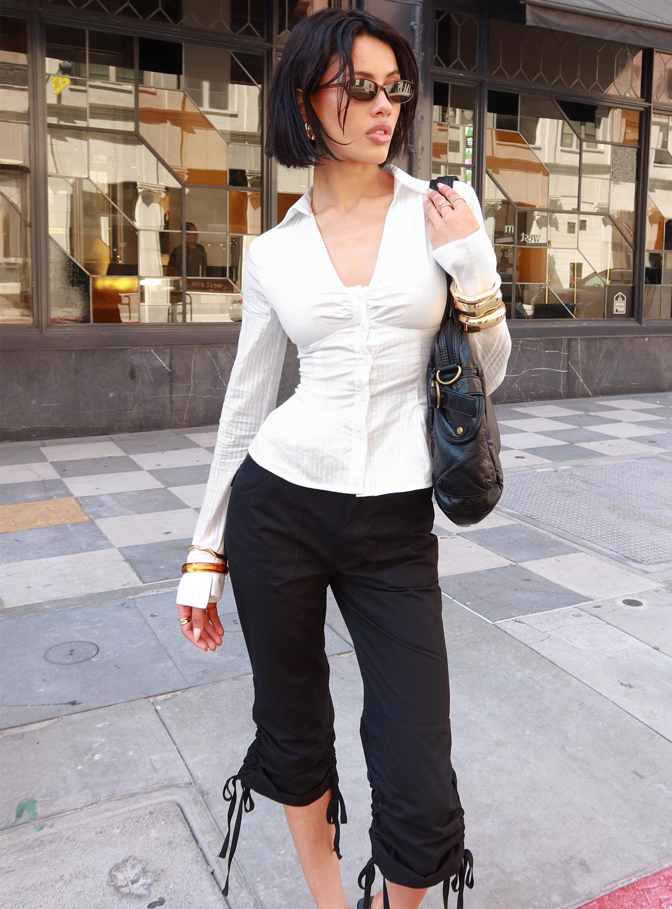 Siyah Kargo Capri Pantolon