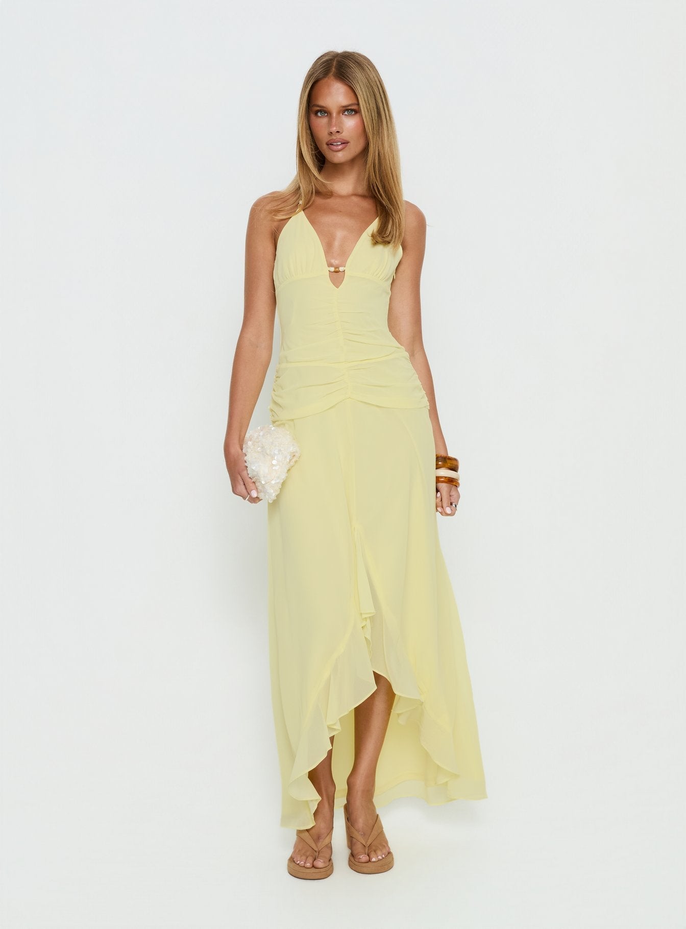 Roxine Sarı Asimetrik Halter Maxi Elbise