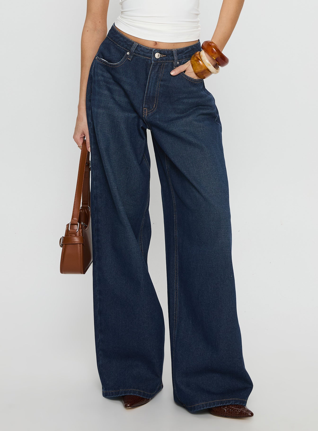 Naylor Orta Bel Geniş Paça Mavi Denim Pantolon