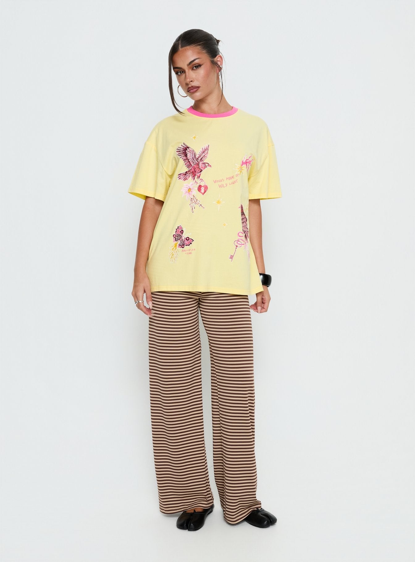 Yırtık Işık Oversize Grafik Tişört - Sarı/Pembe