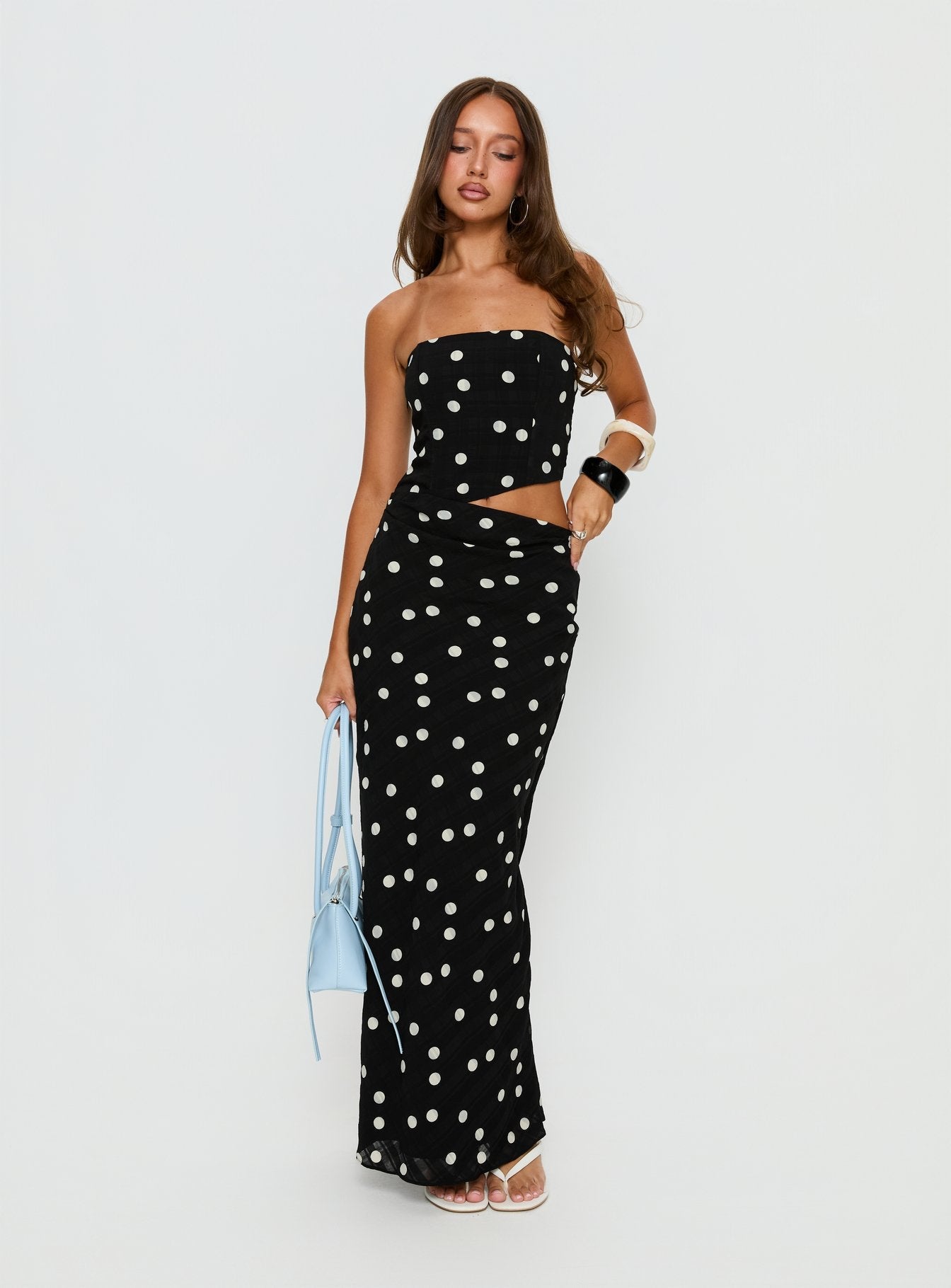 Jasira Askısız Drape Maxi Elbise Siyah Puantiye