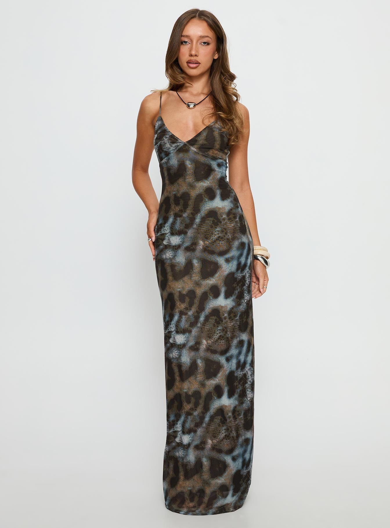 Saphrona Leopar Desenli V-Yaka Maxi Elbise
