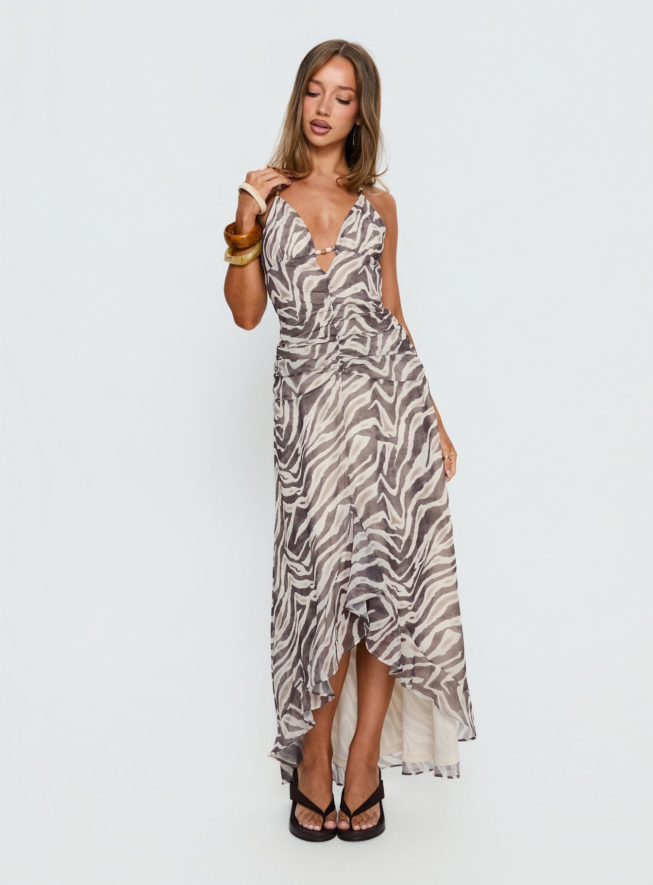 Roxine Asimetrik Halter Maxi Elbise - Hayvan Desenli
