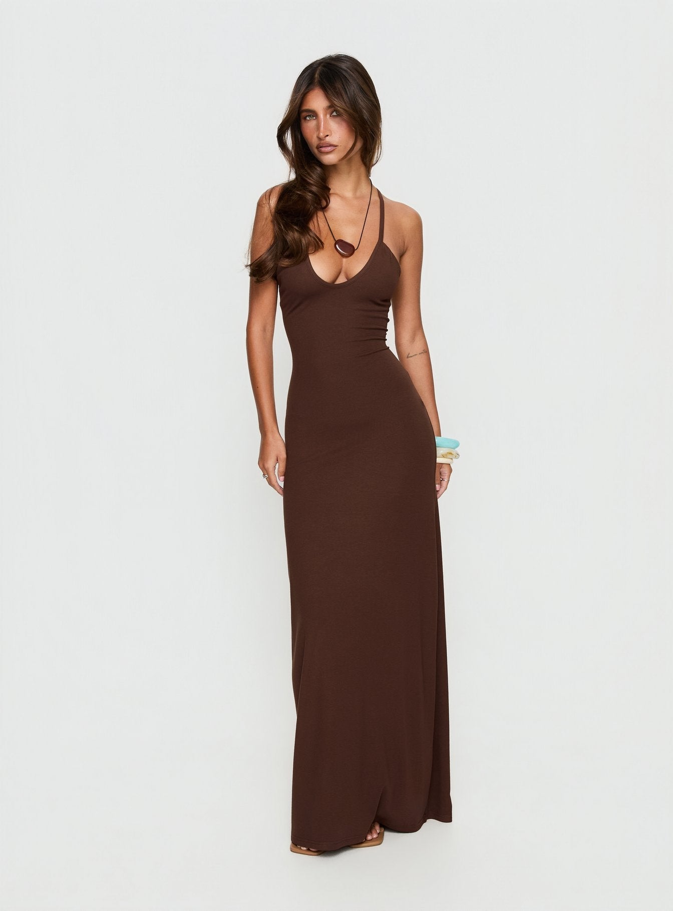 Çikolata Pasita Halter Maxi Elbise