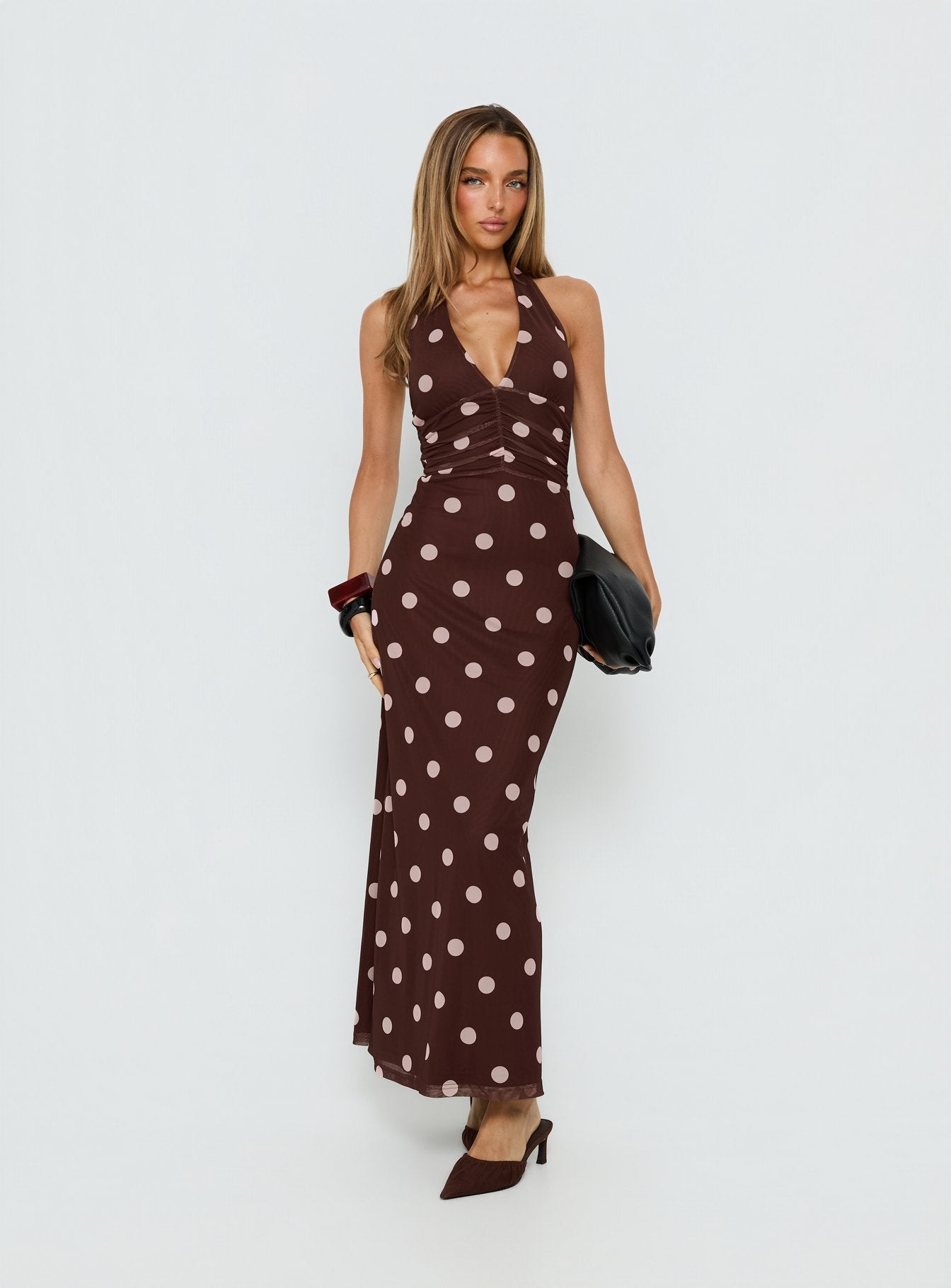 Saviana Halter Maxi Elbise - Çikolata/Pembe Puantiye