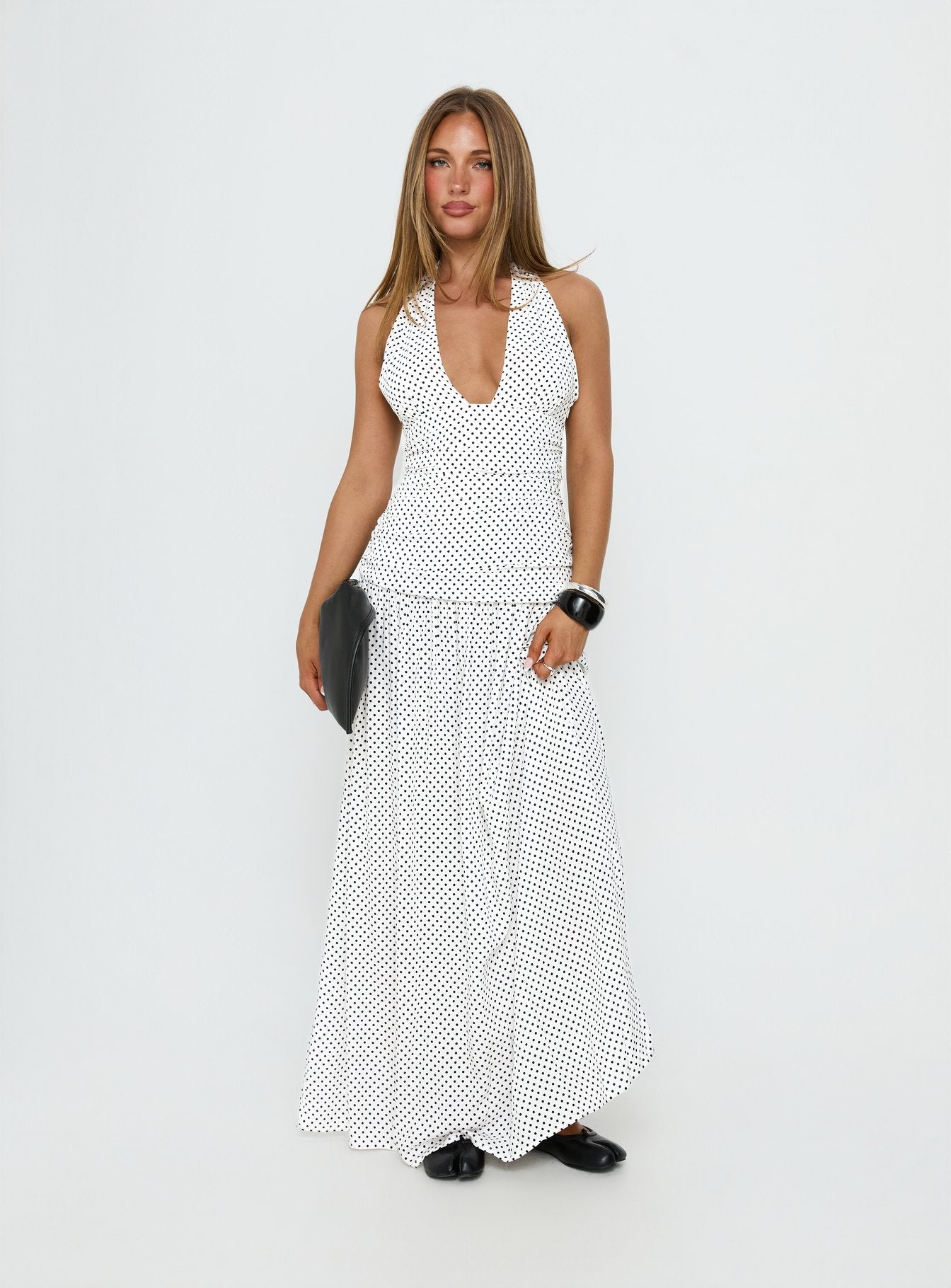 Millen K Kemerli Halter Maxi Elbise Beyaz Puantiye