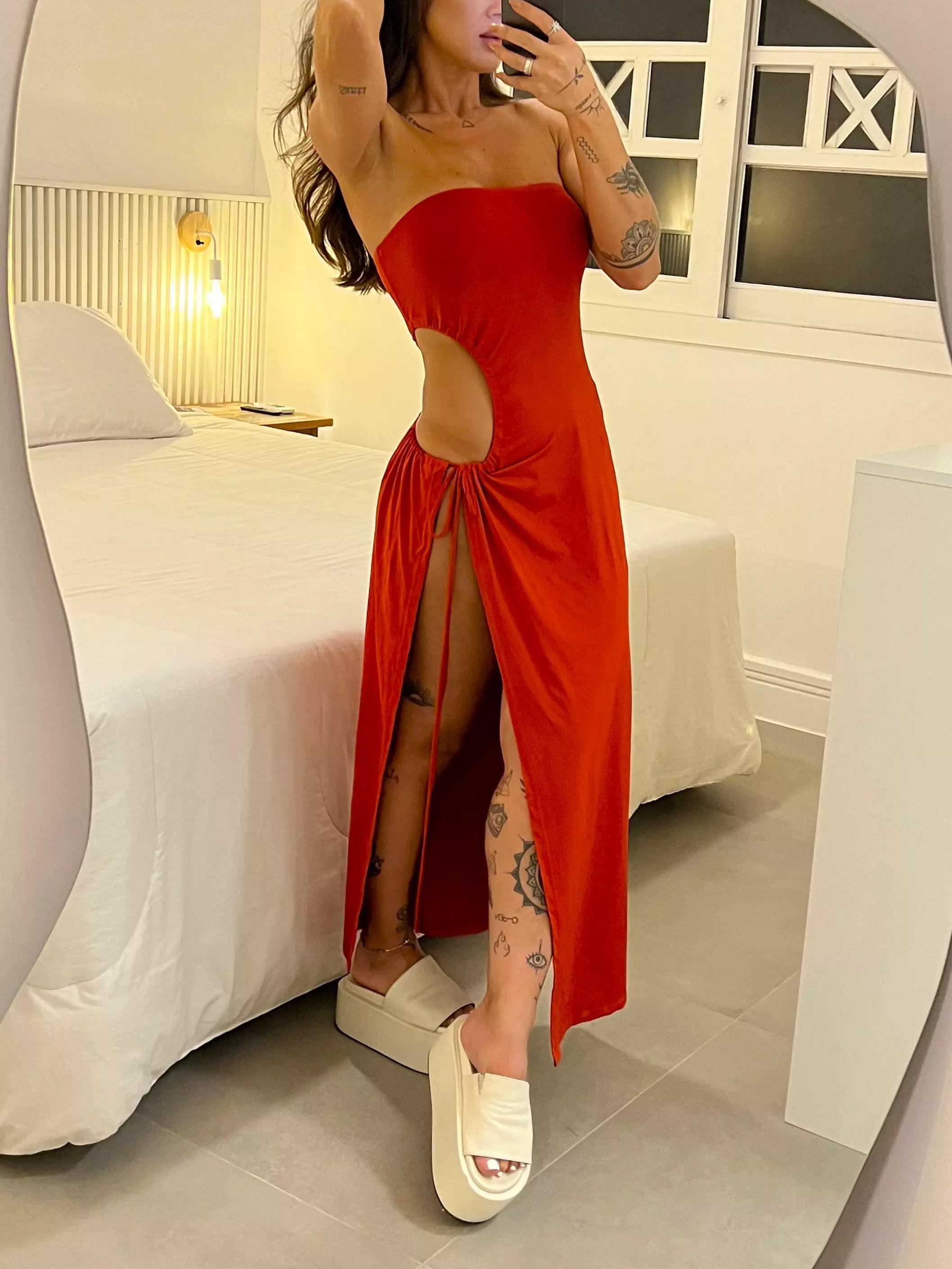 Bandeau Yırtmaçlı Bağlama Detaylı Bodysuit Elbise