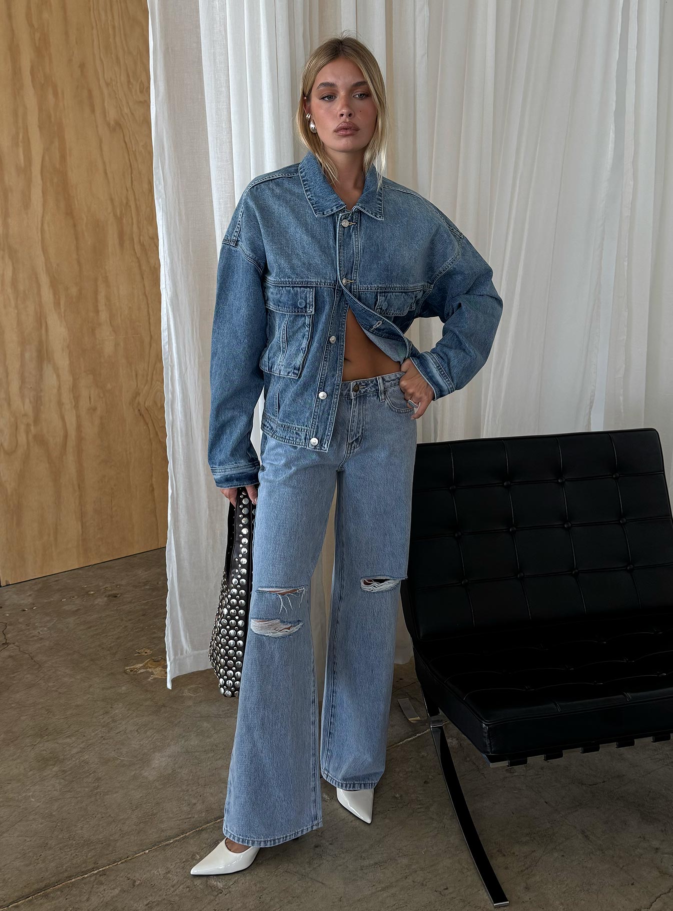 Orta Yıkama Oversize Denim Ceket